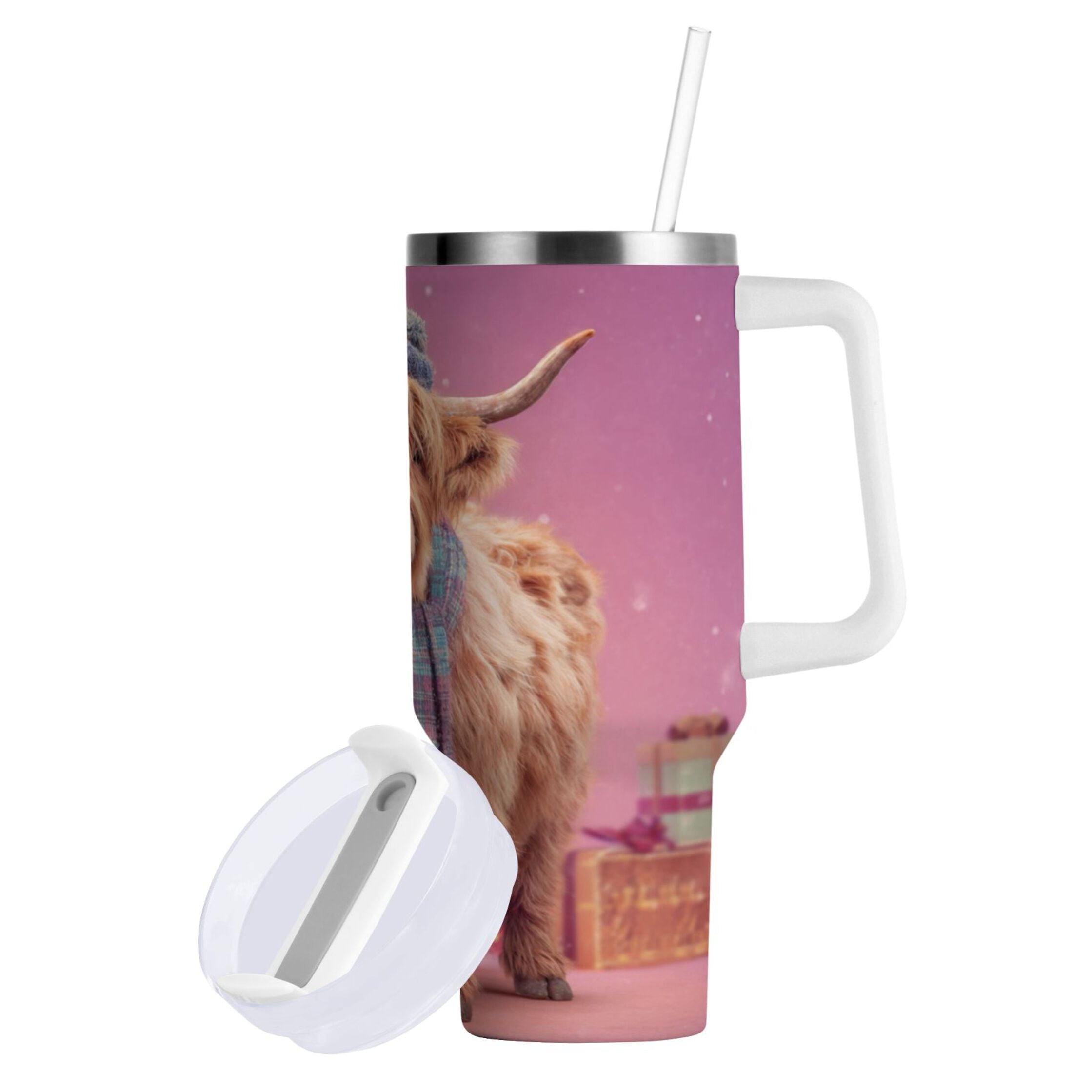 30 oz Insulated Stainless Steel Tumbler Double Wall Stainless Steel Tumbler with 2-Way Drinking Cow Wearing Christmas