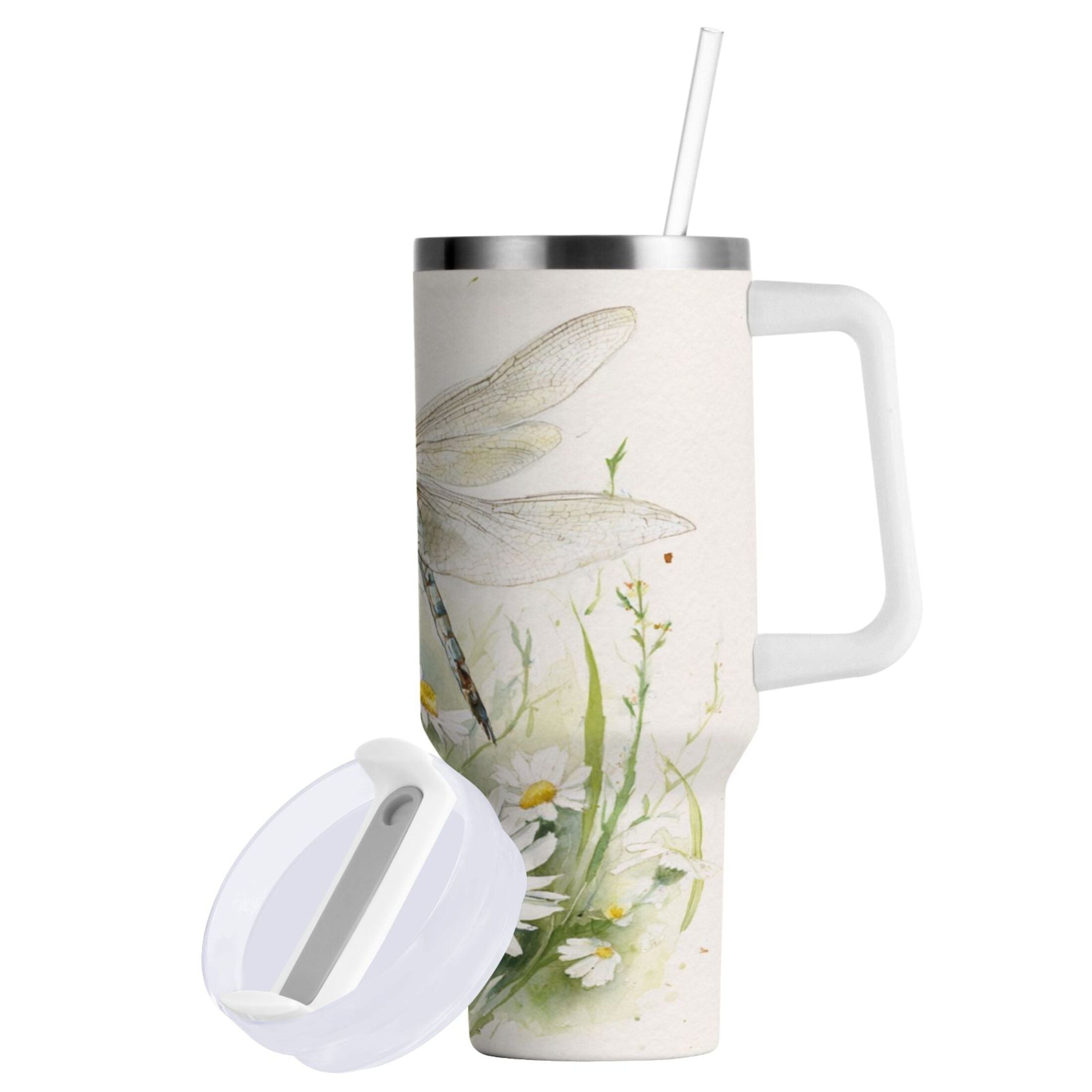 30 oz Insulated Stainless Steel Tumbler Double Wall Stainless Steel Tumbler with 2-Way Drinking Dragonflies with White Daisies