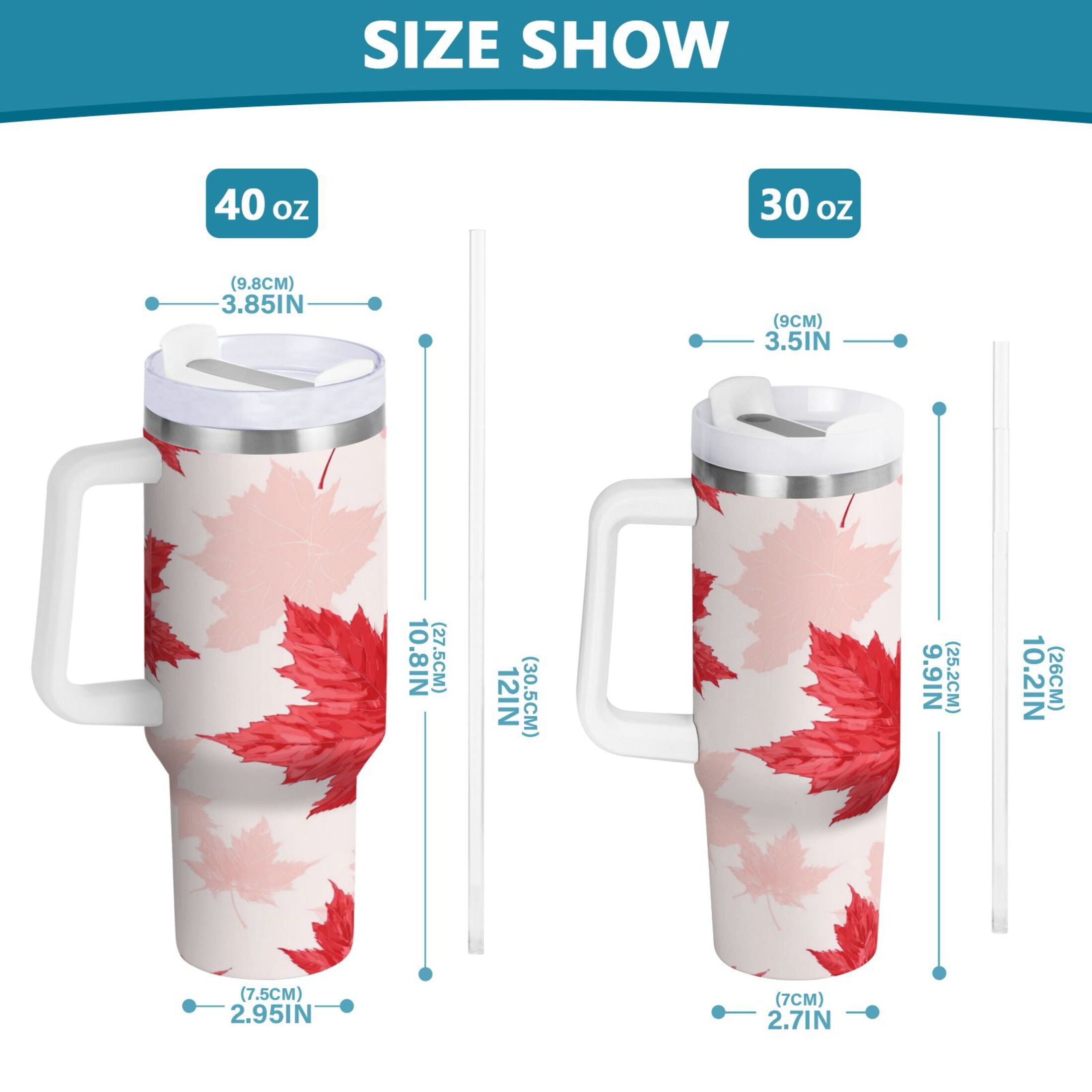 40 oz Insulated Stainless Steel Tumbler Double Wall Stainless Steel Tumbler with 2-Way Drinking Red Maple Leaves Pattern