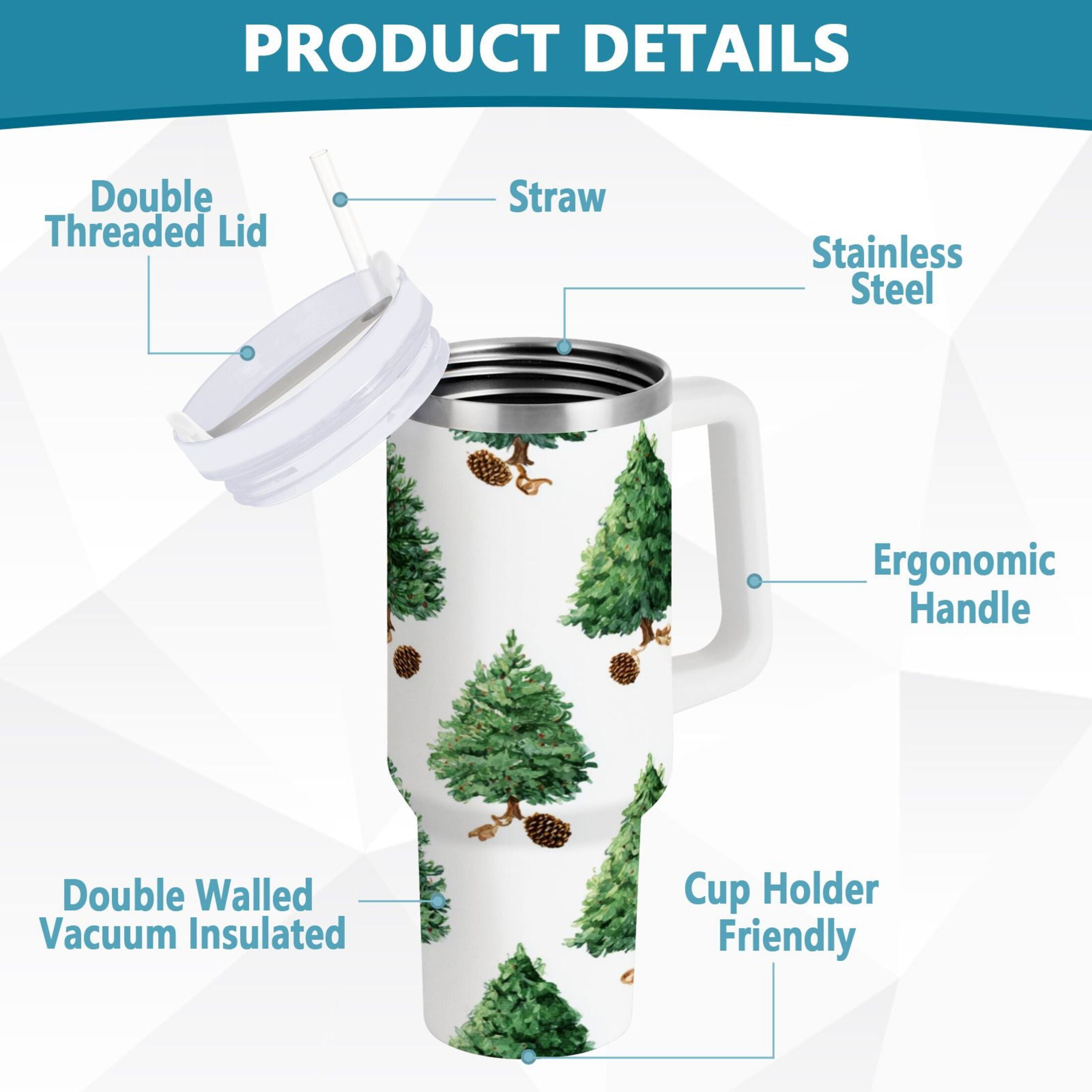 30 oz Insulated Stainless Steel Tumbler Double Wall Stainless Steel Tumbler with 2-Way Drinking Watercolor Green Christmas Tree