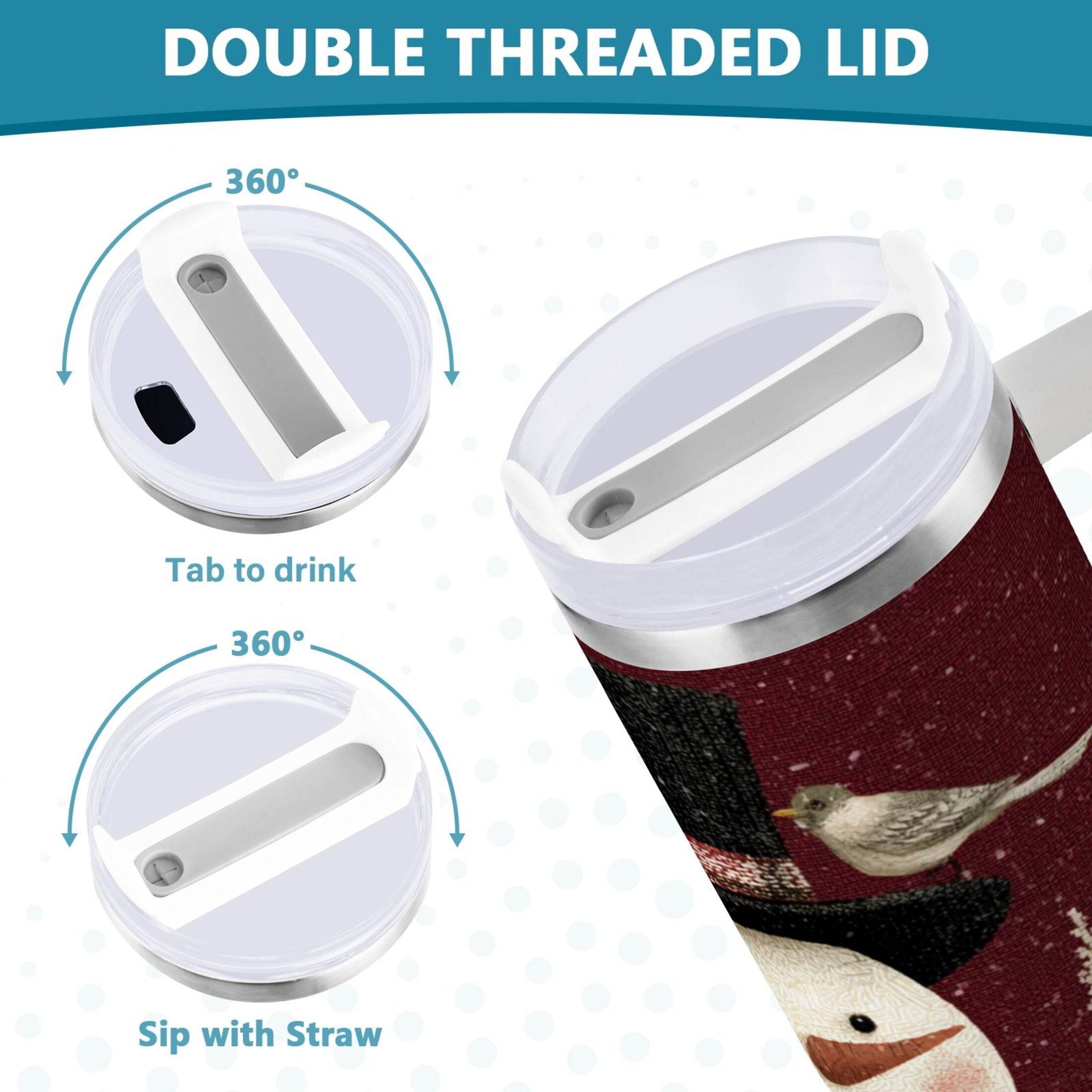 30 oz Insulated Stainless Steel Tumbler Double Wall Stainless Steel Tumbler with 2-Way Drinking Snowman and Birds