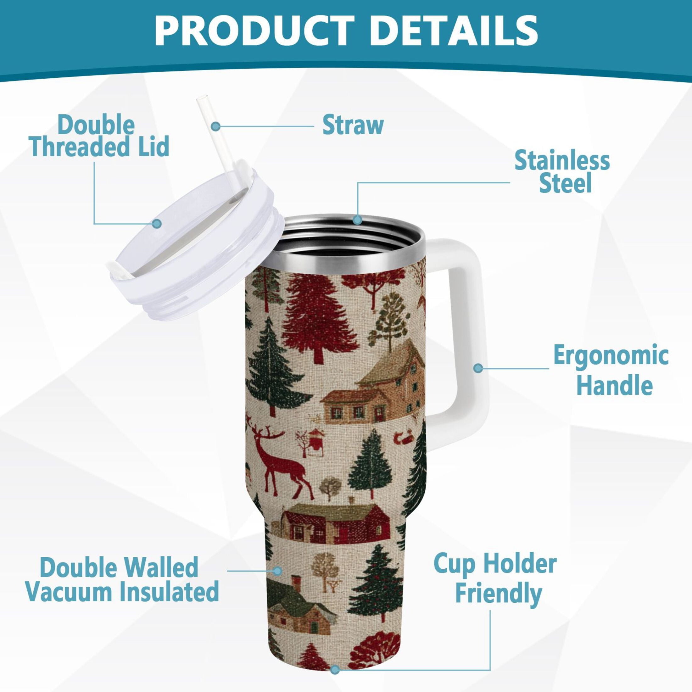 30 oz Insulated Stainless Steel Tumbler Double Wall Stainless Steel Tumbler with 2-Way Drinking Christmas Trees Deer and Houses