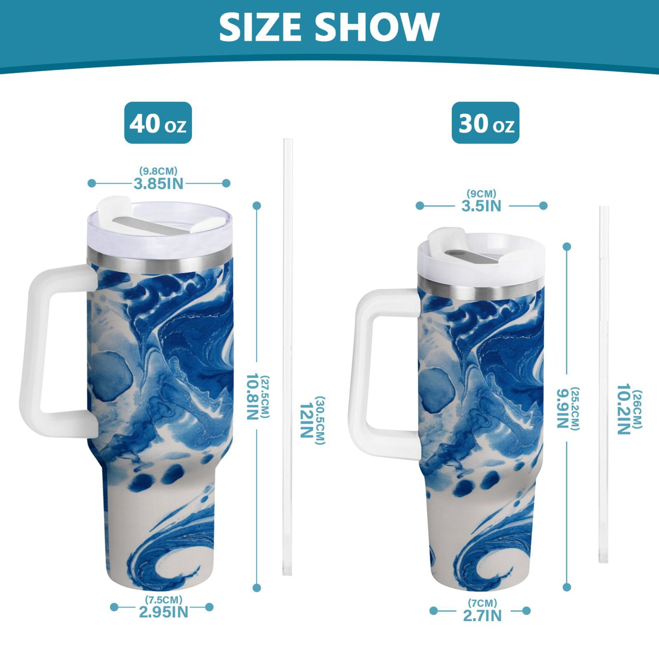 40 oz Insulated Stainless Steel Tumbler Double Wall Stainless Steel Tumbler with 2-Way Drinking Indigo Blue Tie-dye Pattern