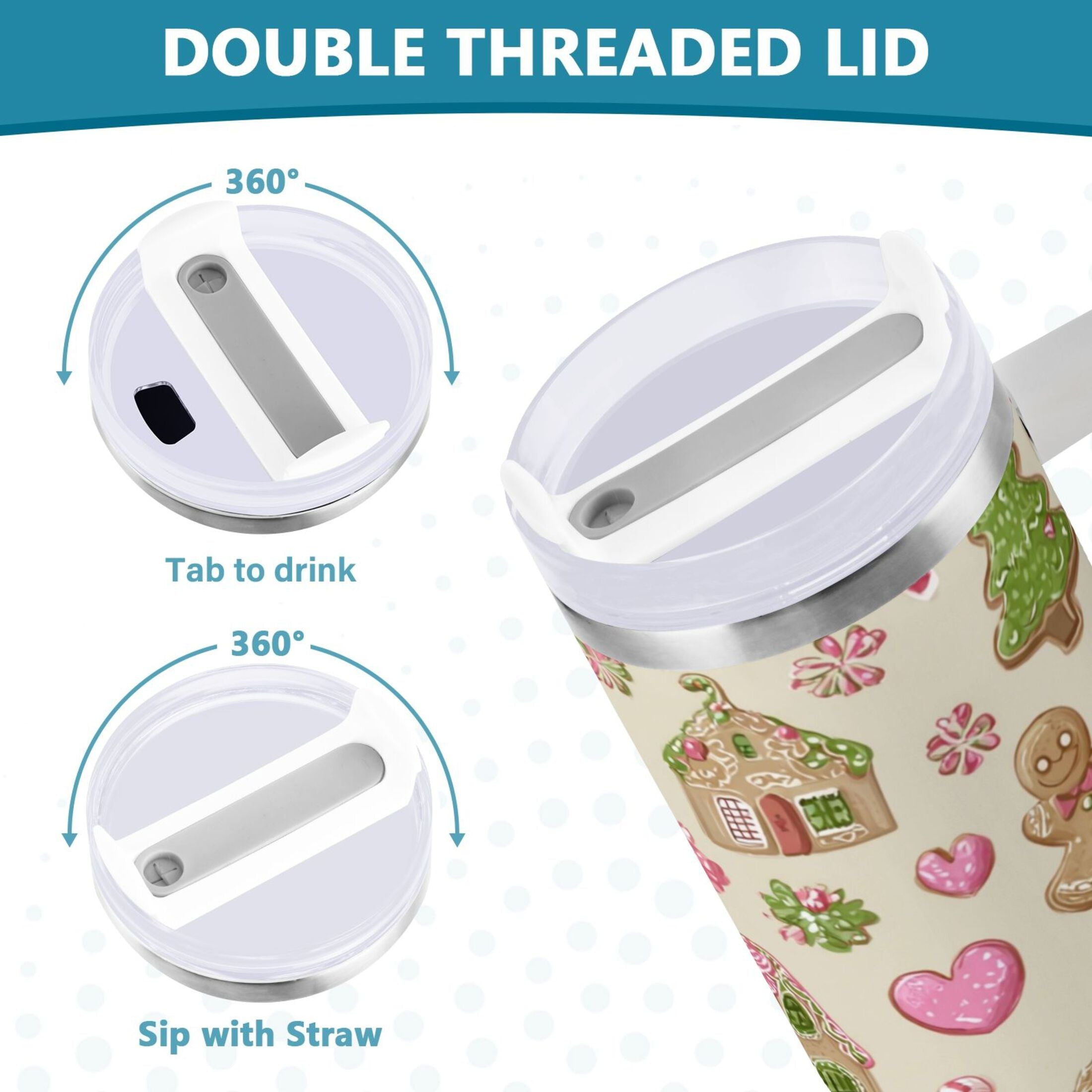 40 oz Insulated Stainless Steel Tumbler Double Wall Stainless Steel Tumbler with 2-Way Drinking Pink Cute Christmas Pattern