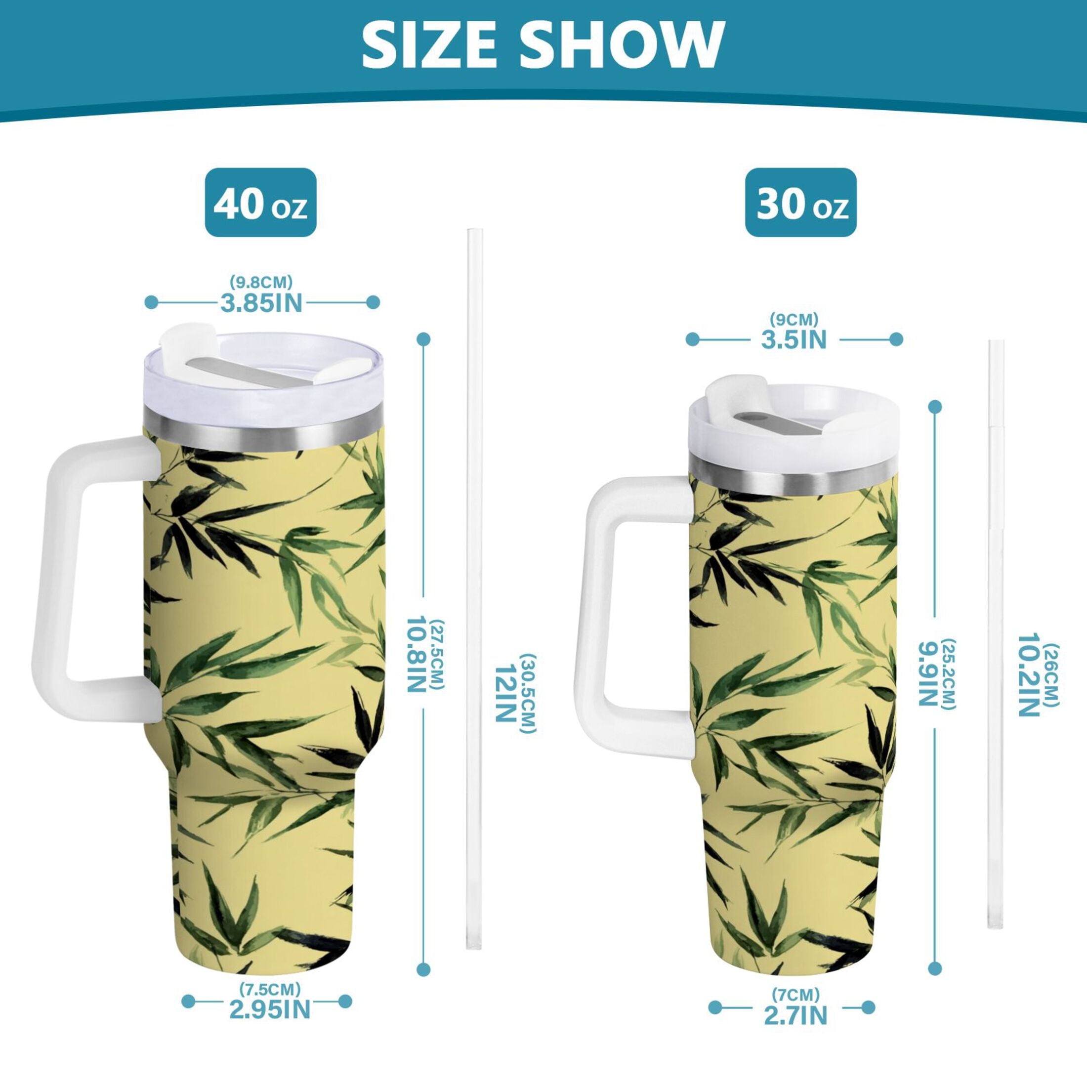 30 oz Insulated Stainless Steel Tumbler Double Wall Stainless Steel Tumbler with 2-Way Drinking Bamboo and Green Leaves