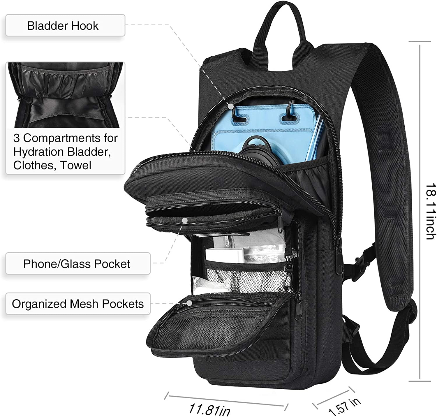 Brightify 17L Hydration Backpack with 3L TPU Water Bladder, Camel Backpack Hydration Pack for Hiking Hunting Climbing Cycling Biking Running, Molle Compatible Water Backpack for Men Women, Black