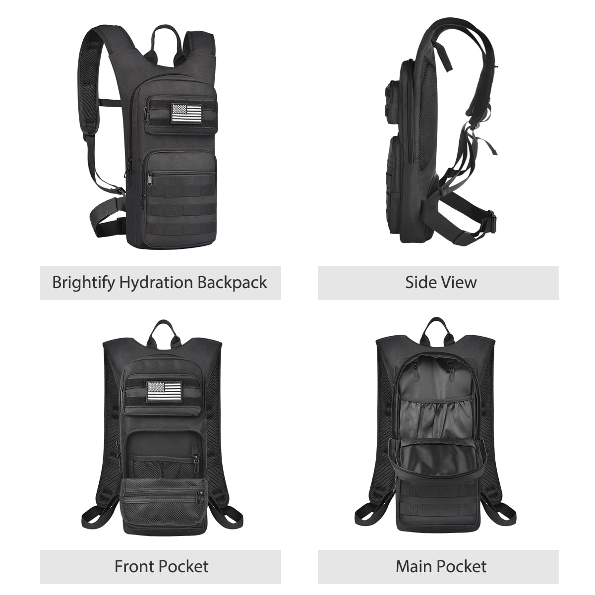 Brightify 17L Hydration Backpack with 3L TPU Water Bladder, Camel Backpack Hydration Pack for Hiking Hunting Climbing Cycling Biking Running, Molle Compatible Water Backpack for Men Women, Black