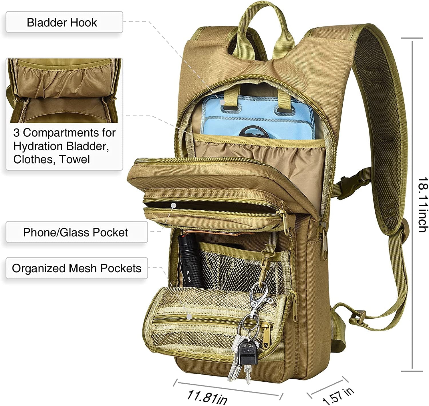 Brightify 17L Hydration Backpack with 3L TPU Water Bladder, Camel Backpack Hydration Pack for Hiking Hunting Climbing Cycling Biking Running, Molle Compatible Water Backpack for Men Women, Black