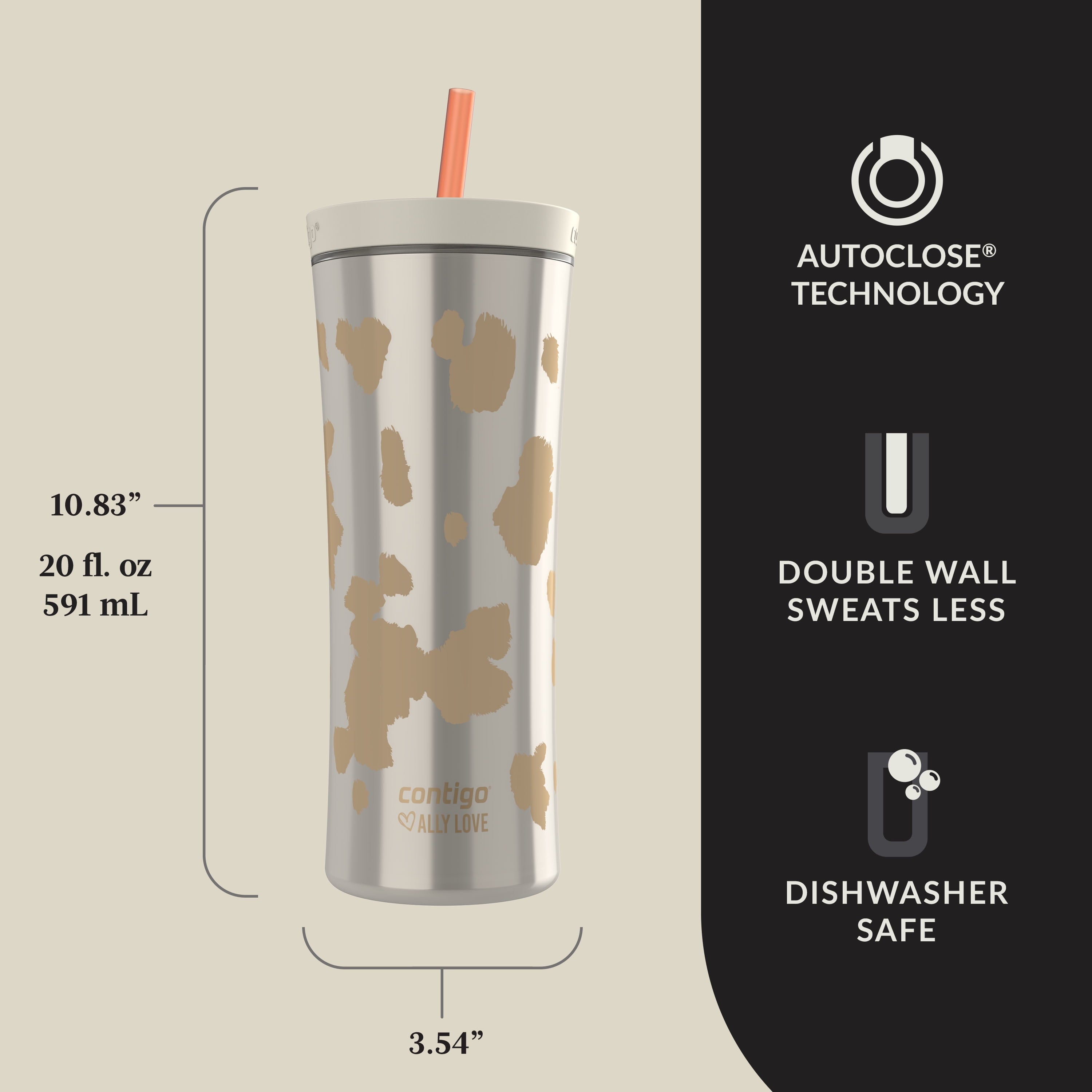 Contigo 20oz Shake &amp; Go Tumbler, Plastic with Straw, Oatmilk Cowhide Couture