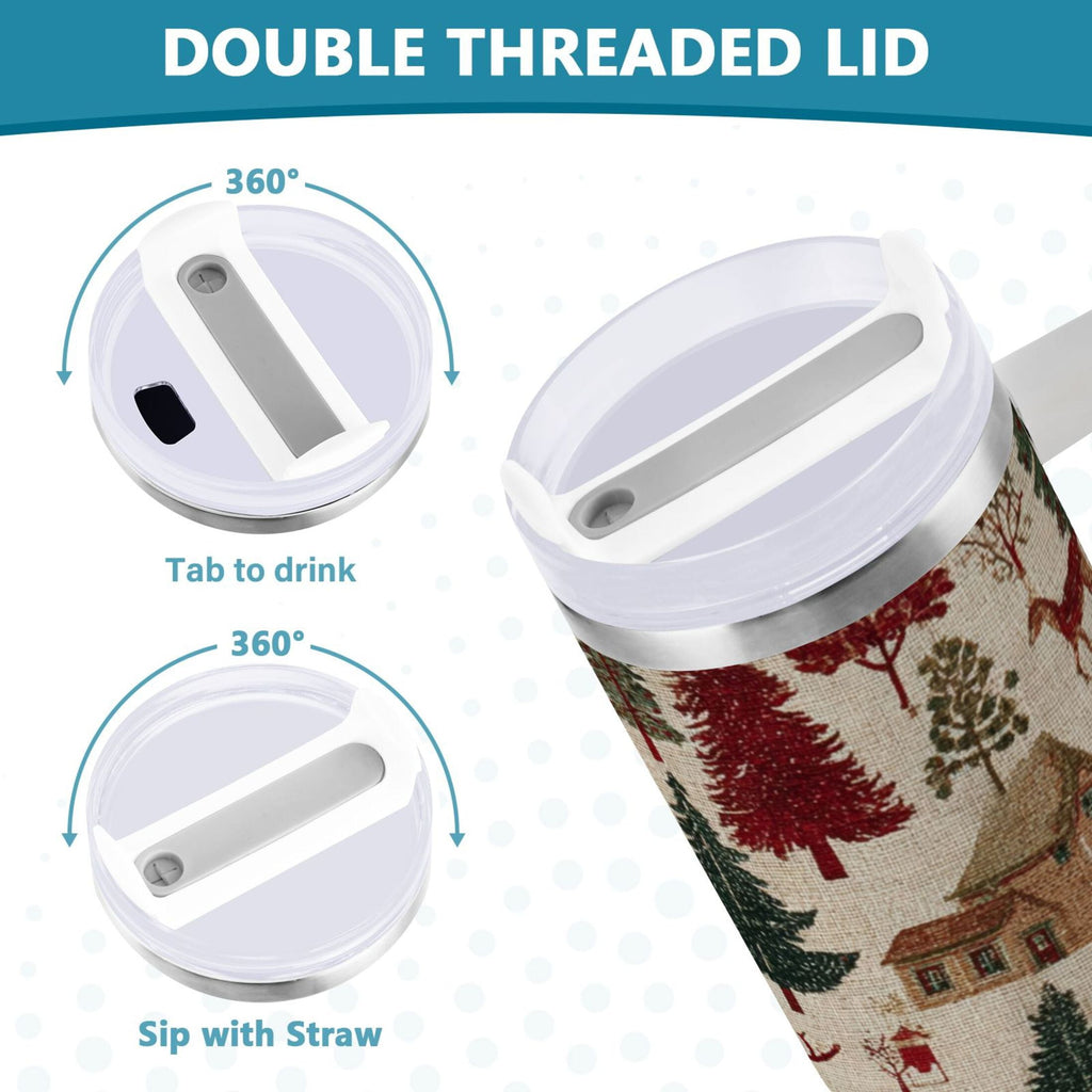 30 oz Insulated Stainless Steel Tumbler Double Wall Stainless Steel Tumbler with 2-Way Drinking Christmas Trees Deer and Houses
