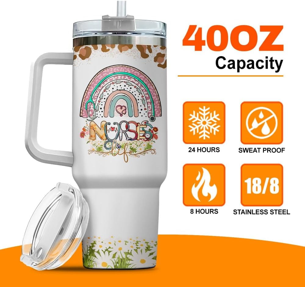 Tumbler 40 Oz With Handle Lid And Straw, Nurse Gifts, Black Camo White Engraved Print Travel Nurses Tumblers Handle Funny Cups Nursing For, Great Nurse Rainbow Daisy Flower