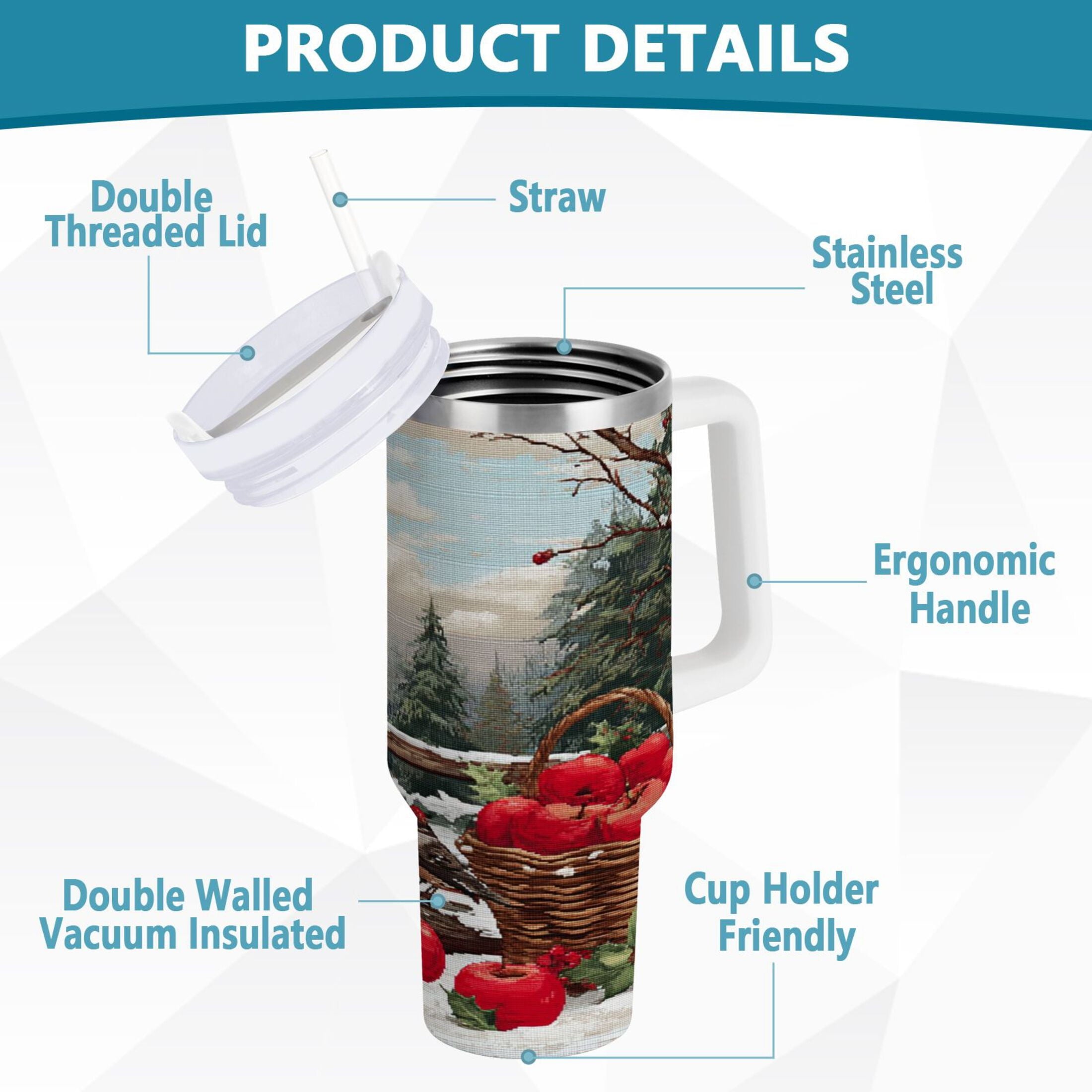 30 oz Insulated Stainless Steel Tumbler Double Wall Stainless Steel Tumbler with 2-Way Drinking Apples and Baskets