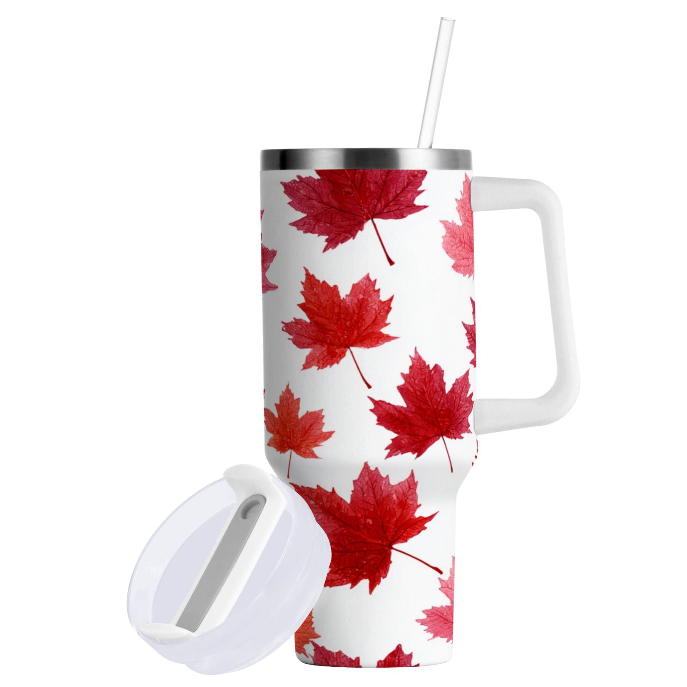 30 oz Insulated Stainless Steel Tumbler Double Wall Stainless Steel Tumbler with 2-Way Drinking Vibrant Red Maple Leaves