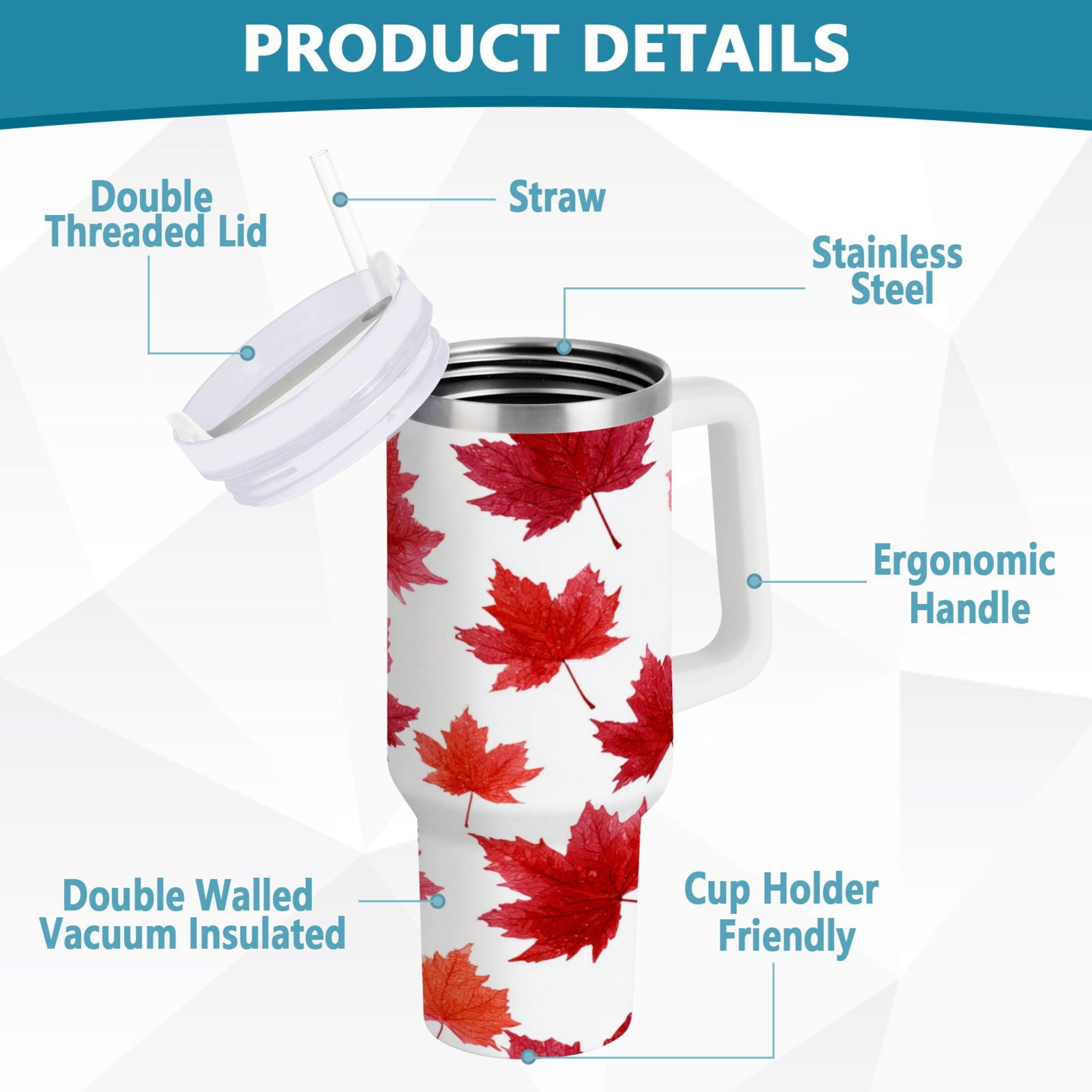 30 oz Insulated Stainless Steel Tumbler Double Wall Stainless Steel Tumbler with 2-Way Drinking Vibrant Red Maple Leaves