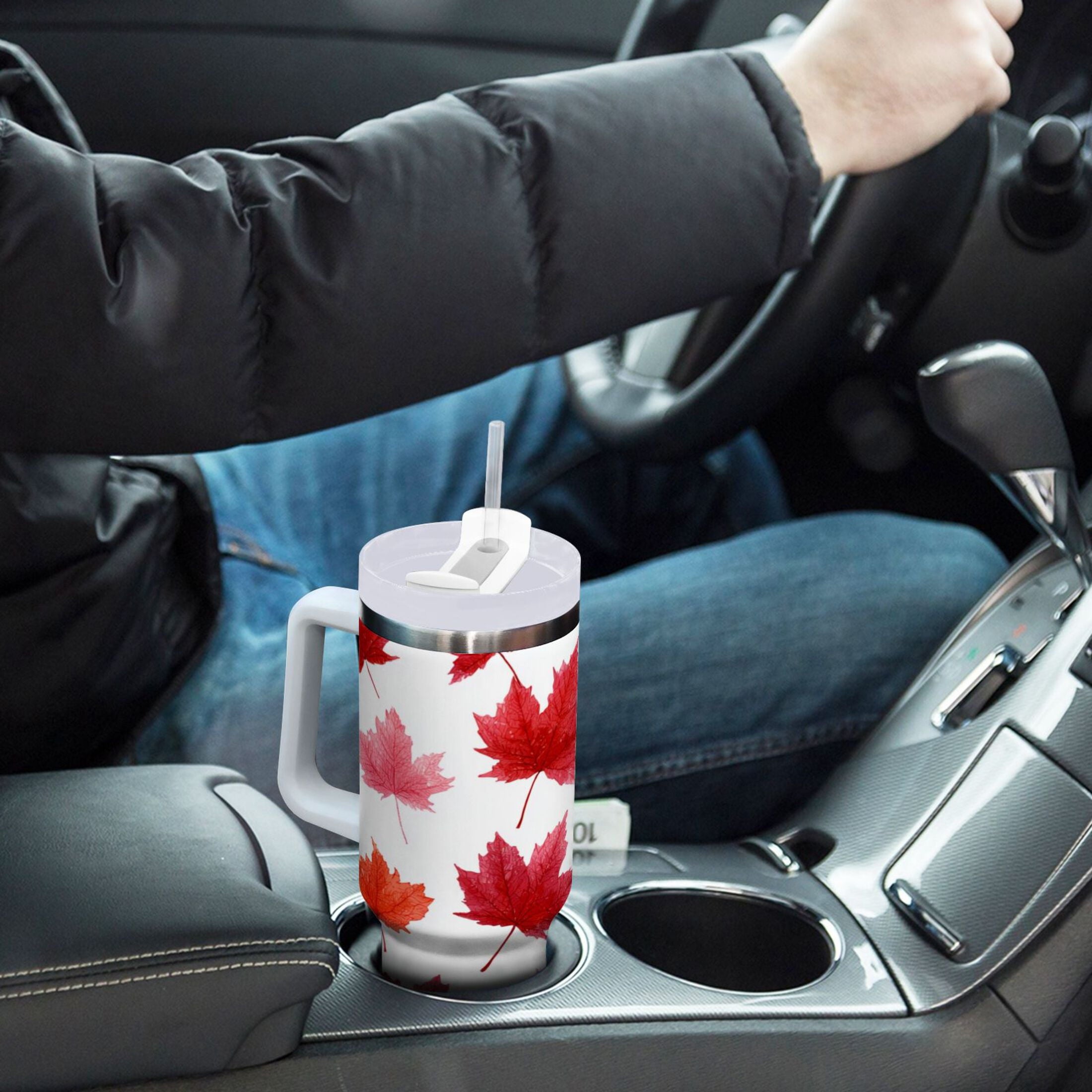 30 oz Insulated Stainless Steel Tumbler Double Wall Stainless Steel Tumbler with 2-Way Drinking Vibrant Red Maple Leaves