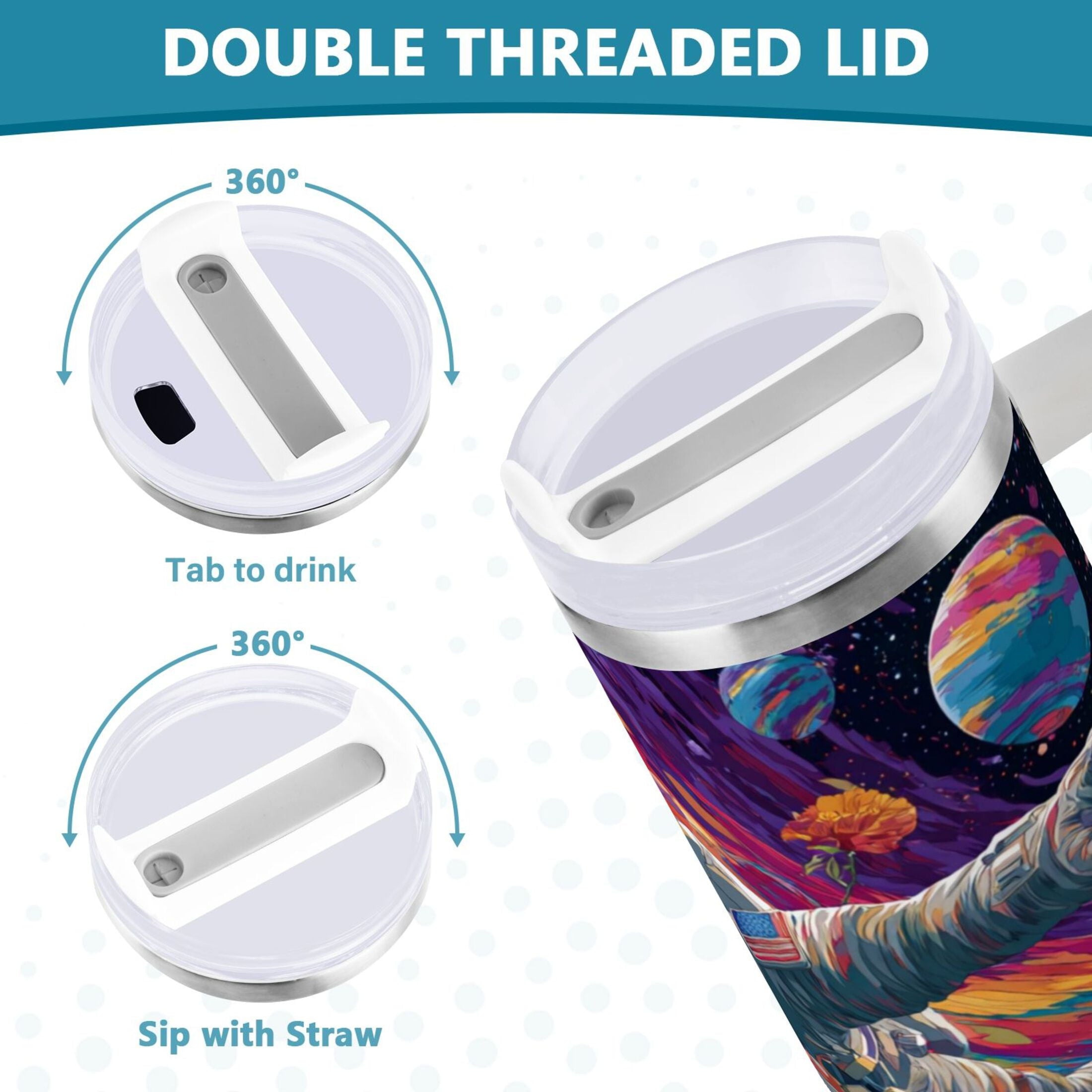 40 oz Insulated Stainless Steel Tumbler Double Wall Stainless Steel Tumbler with 2-Way Drinking Colorful Flowers and Planets