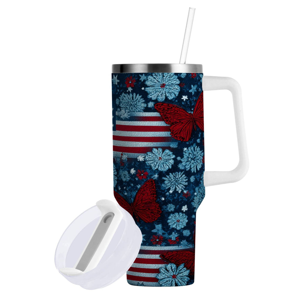 30 oz Insulated Stainless Steel Tumbler Double Wall Stainless Steel Tumbler with 2-Way Drinking Red Butterflies and Flags