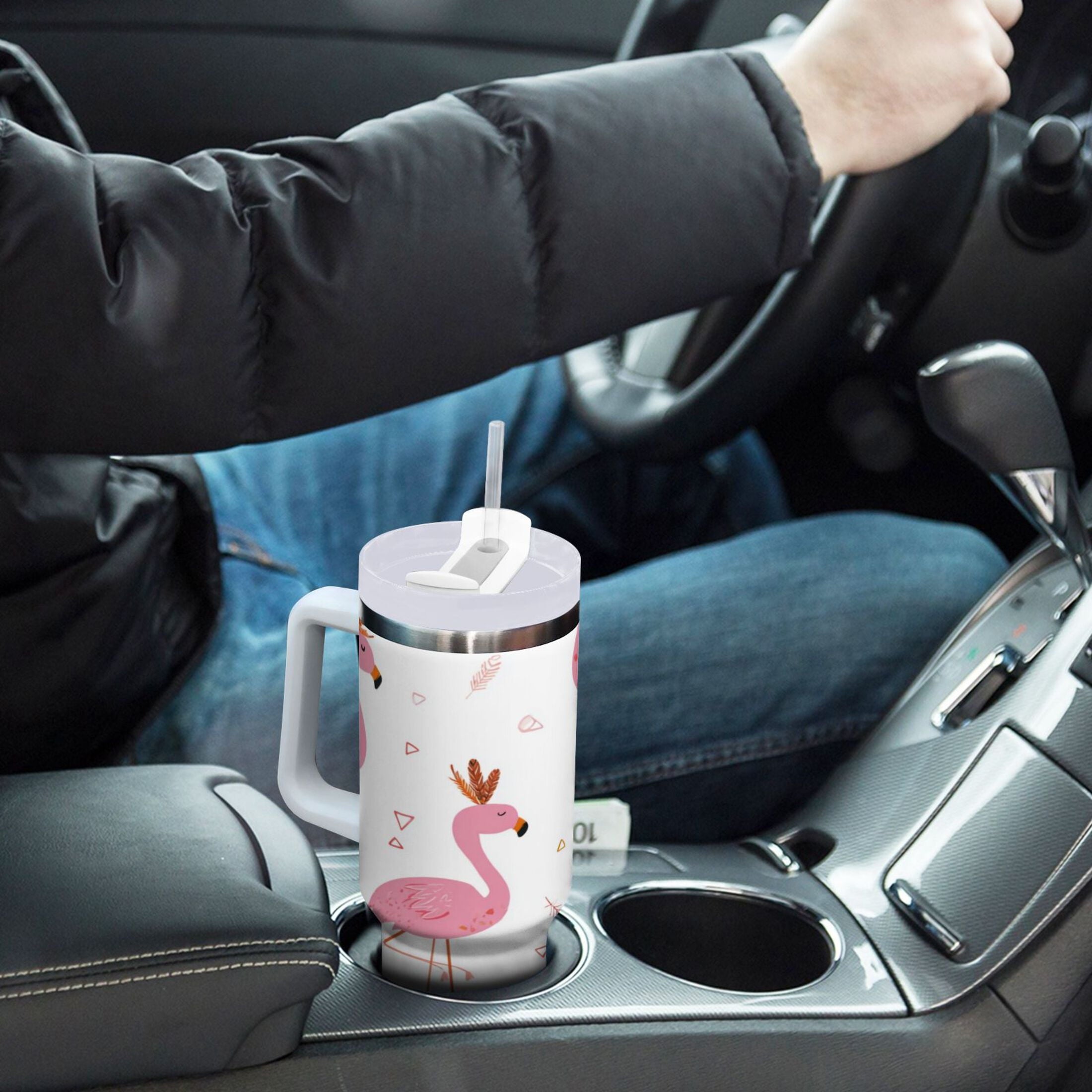 40 oz Insulated Stainless Steel Tumbler Double Wall Stainless Steel Tumbler with 2-Way Drinking Cute Pink Flamingo Pattern