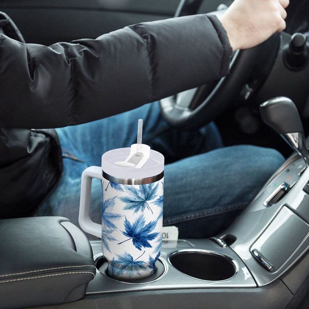 30 oz Insulated Stainless Steel Tumbler Double Wall Stainless Steel Tumbler with 2-Way Drinking Abstract Blue Maple Leaves