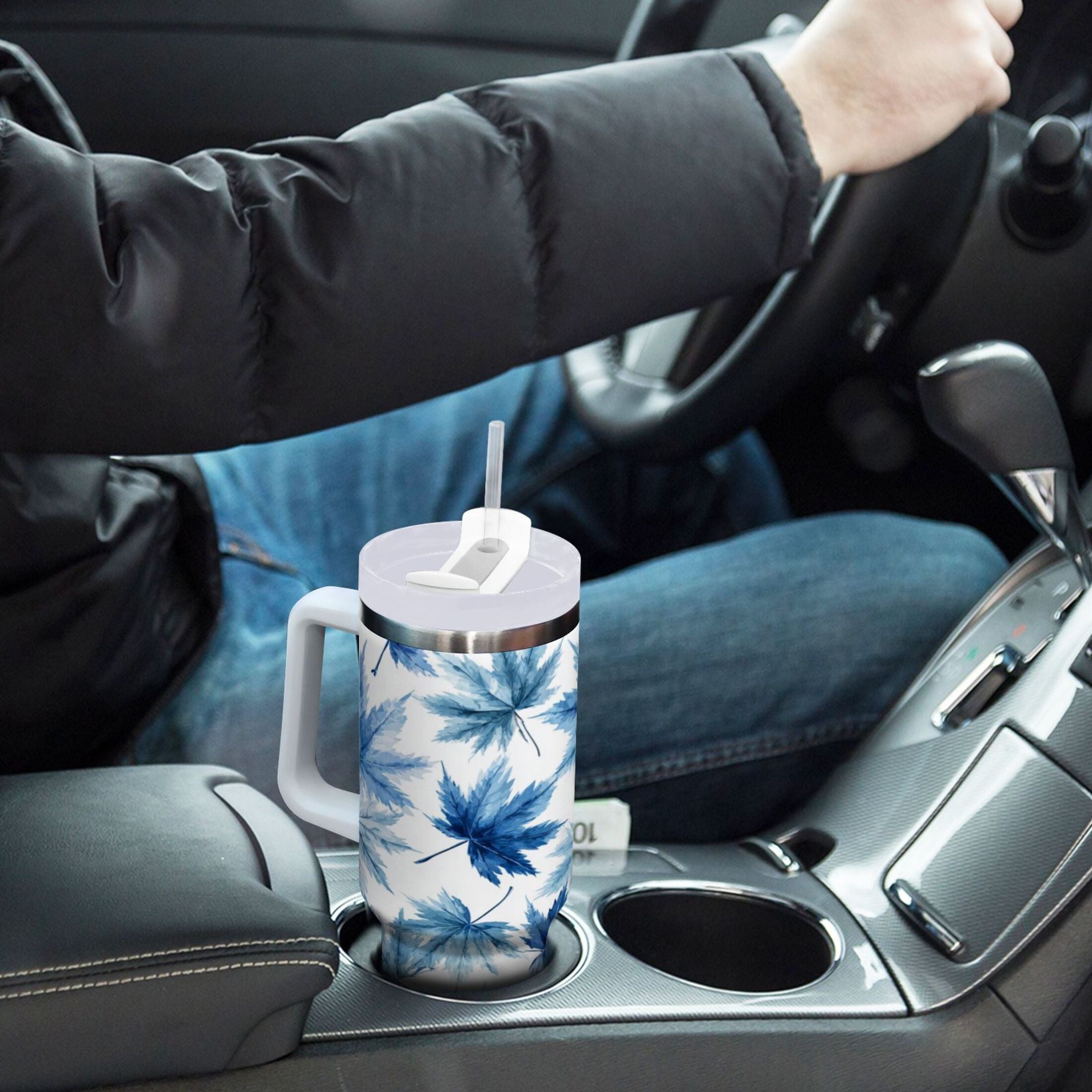 30 oz Insulated Stainless Steel Tumbler Double Wall Stainless Steel Tumbler with 2-Way Drinking Abstract Blue Maple Leaves