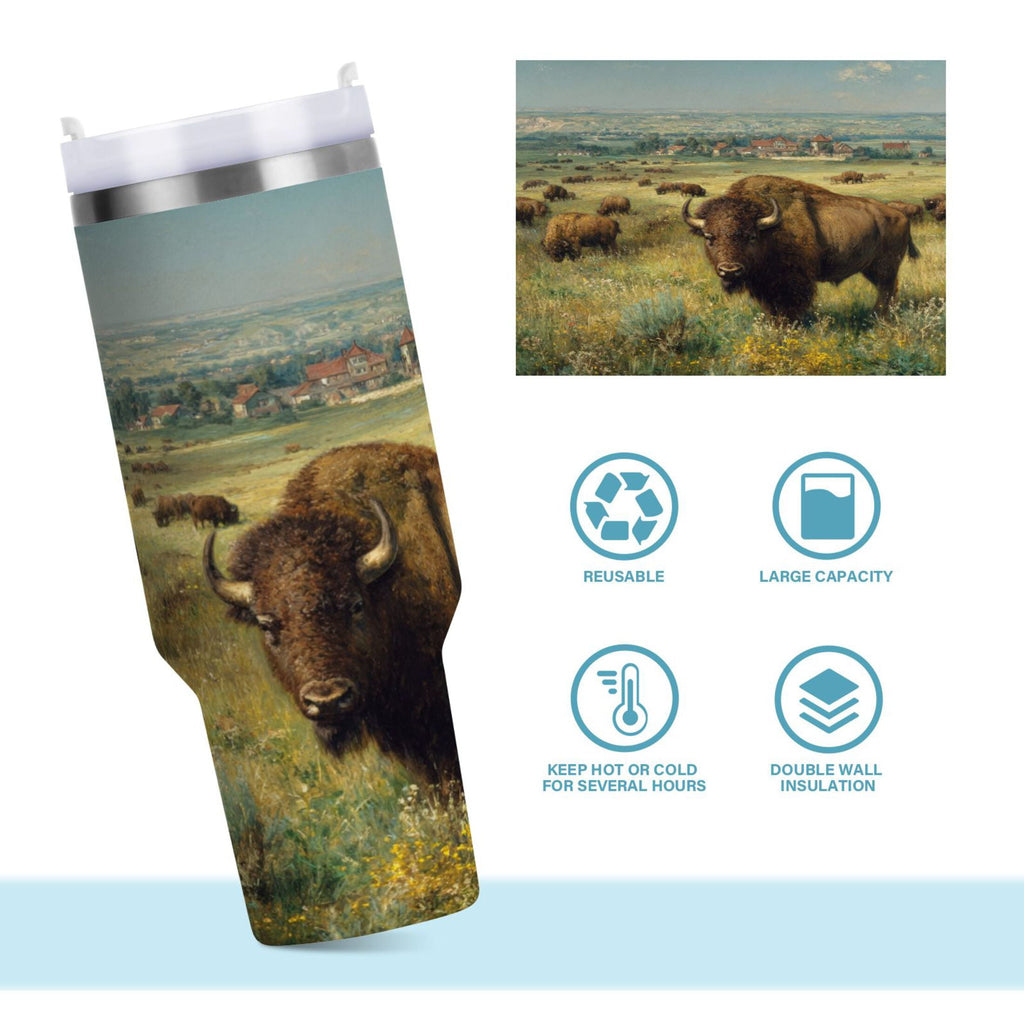 30 oz Insulated Stainless Steel Tumbler Double Wall Stainless Steel Tumbler with 2-Way Drinking Buffalo Herd Oil Painting