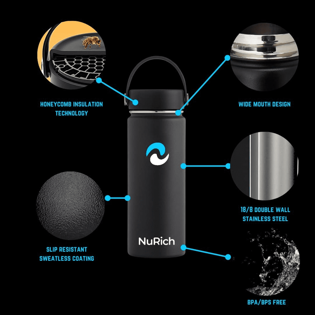 NuRich Sports Water Bottle - 18 Oz, Vacuum Insulated Stainless Steel, Modern Double Walled, Simple Thermo Modern Mug, Hydro Metal Canteen Flask Wide Mouth with Sweat Proof Design for Cold &amp; Hot Temp