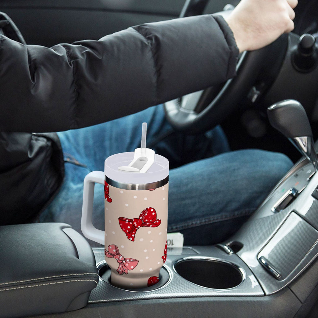 30 oz Insulated Stainless Steel Tumbler Double Wall Stainless Steel Tumbler with 2-Way Drinking Cute Red Bows Pattern