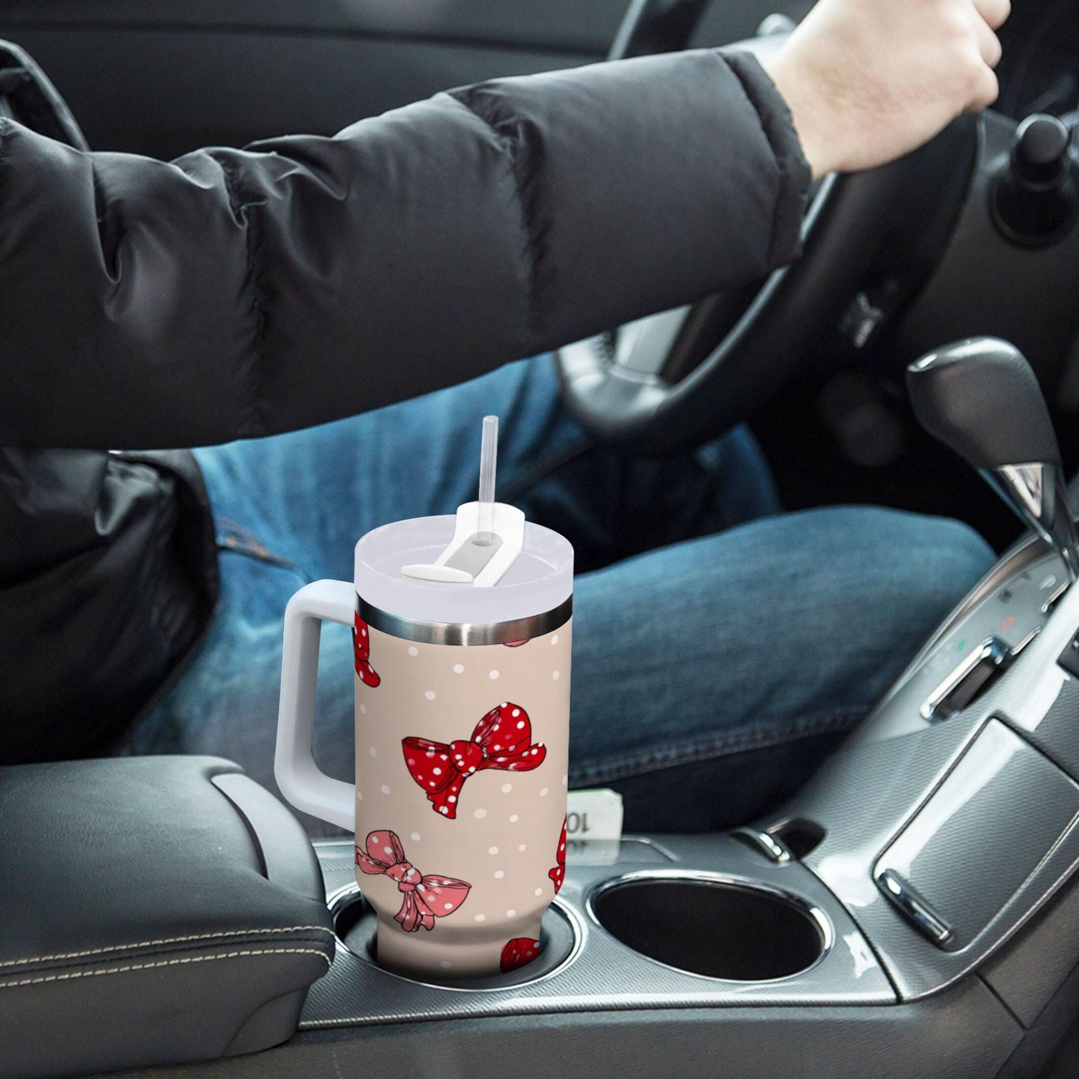 30 oz Insulated Stainless Steel Tumbler Double Wall Stainless Steel Tumbler with 2-Way Drinking Cute Red Bows Pattern