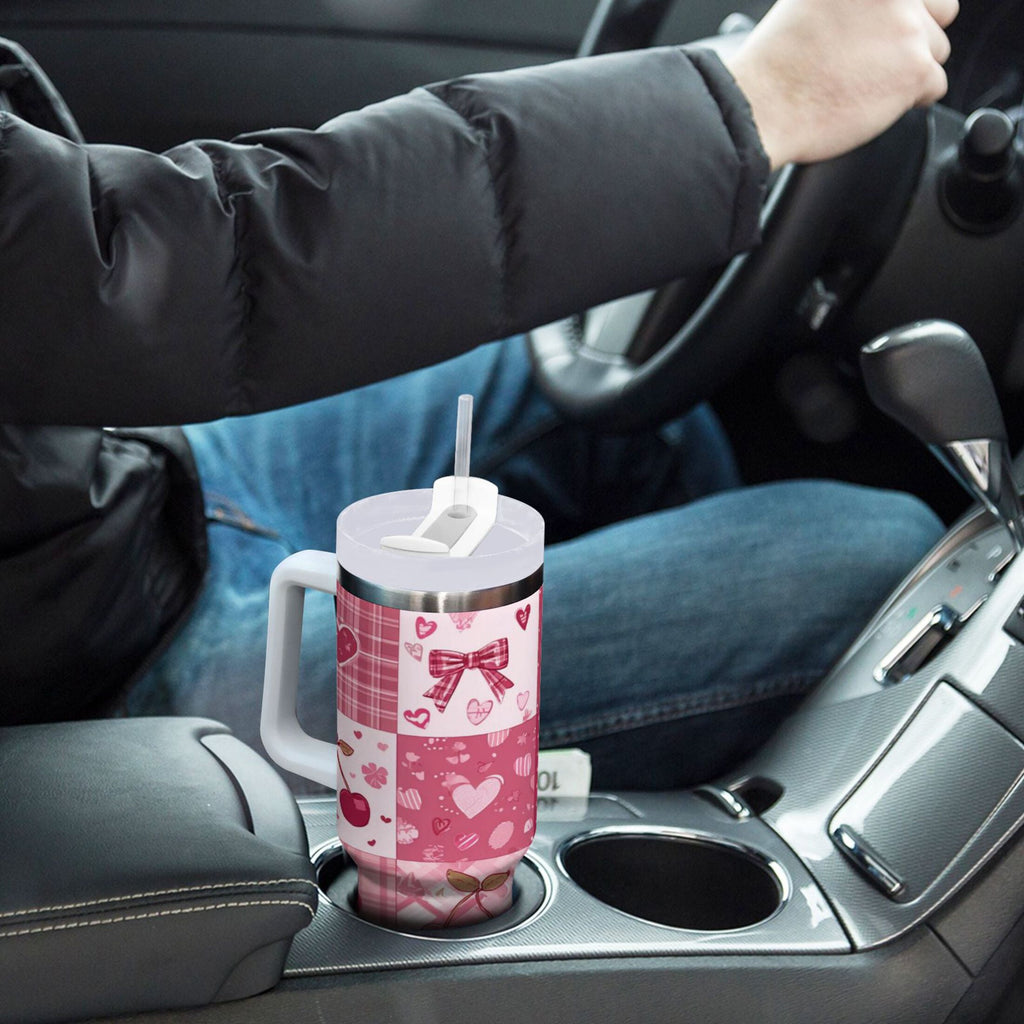 30 oz Insulated Stainless Steel Tumbler Double Wall Stainless Steel Tumbler with 2-Way Drinking Cherry Pattern with Bows