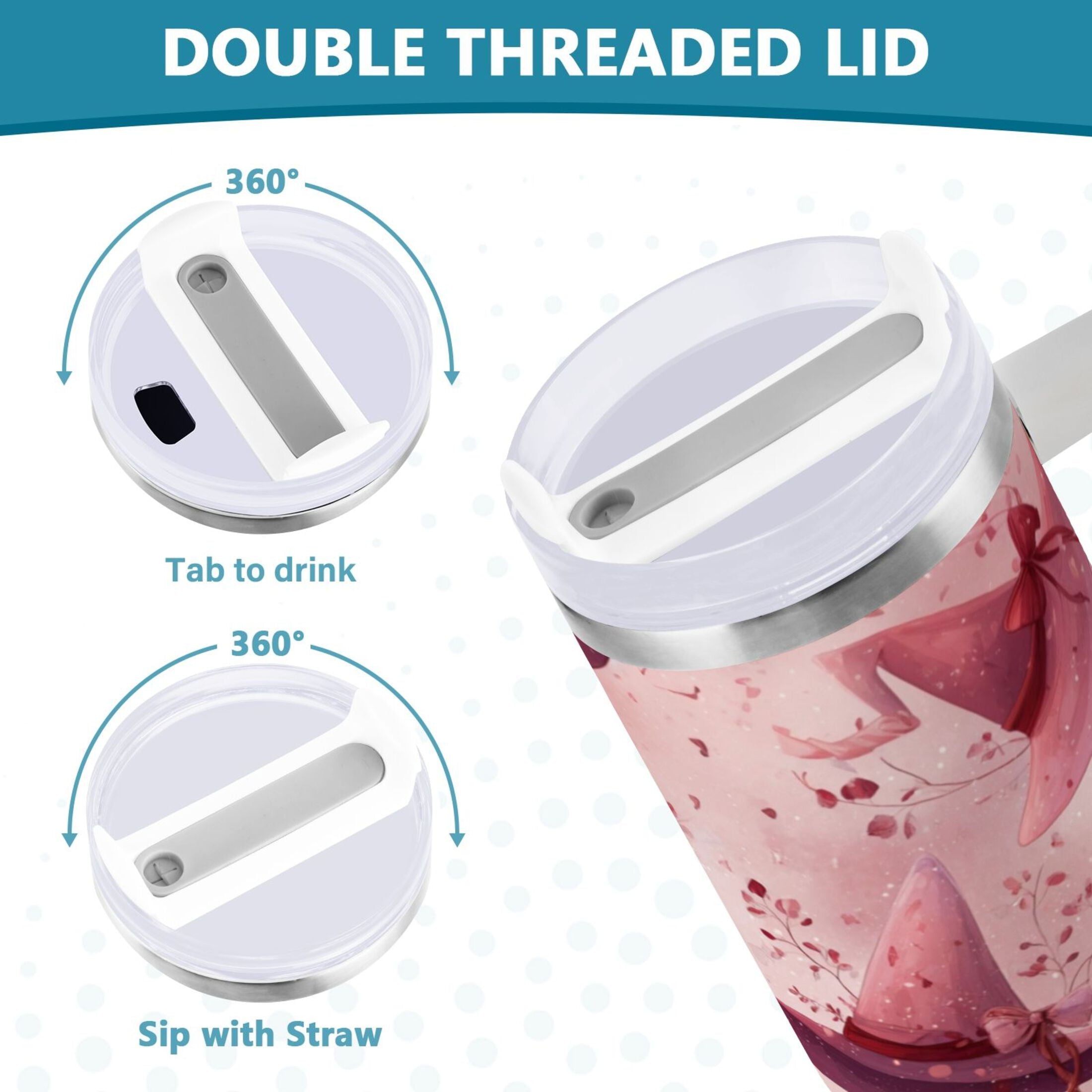30 oz Insulated Stainless Steel Tumbler Double Wall Stainless Steel Tumbler with 2-Way Drinking Hats with Delicate Bows