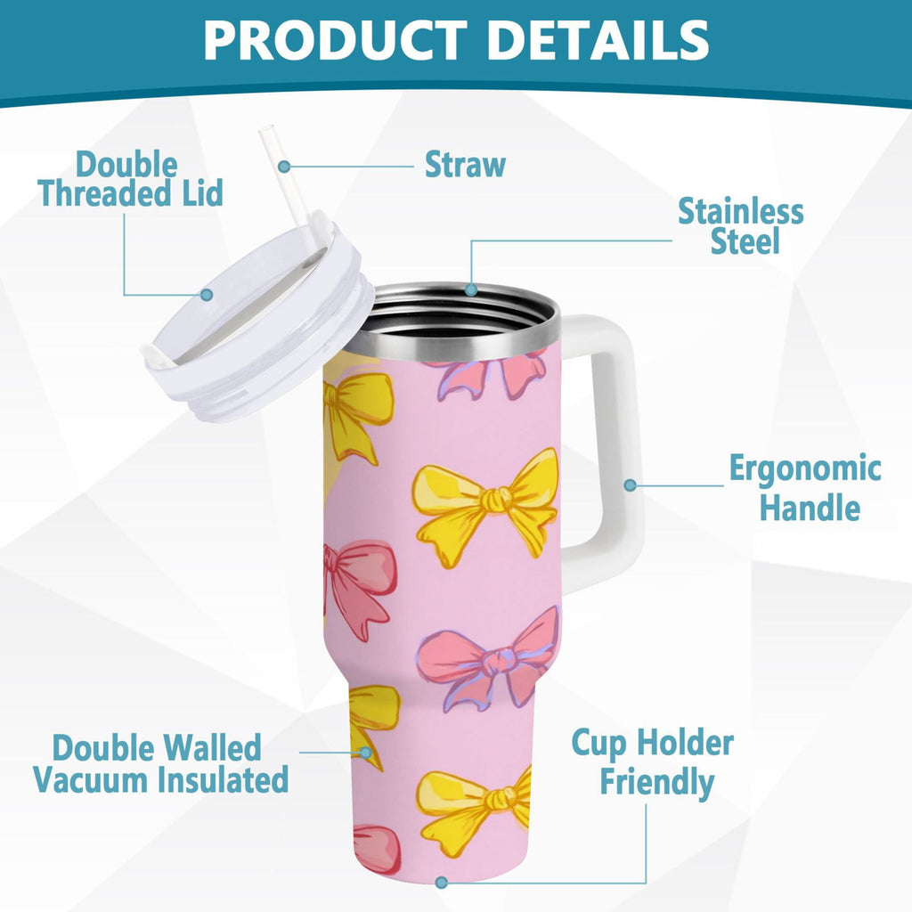 30 oz Insulated Stainless Steel Tumbler Double Wall Stainless Steel Tumbler with 2-Way Drinking Yellow and Pink Bows