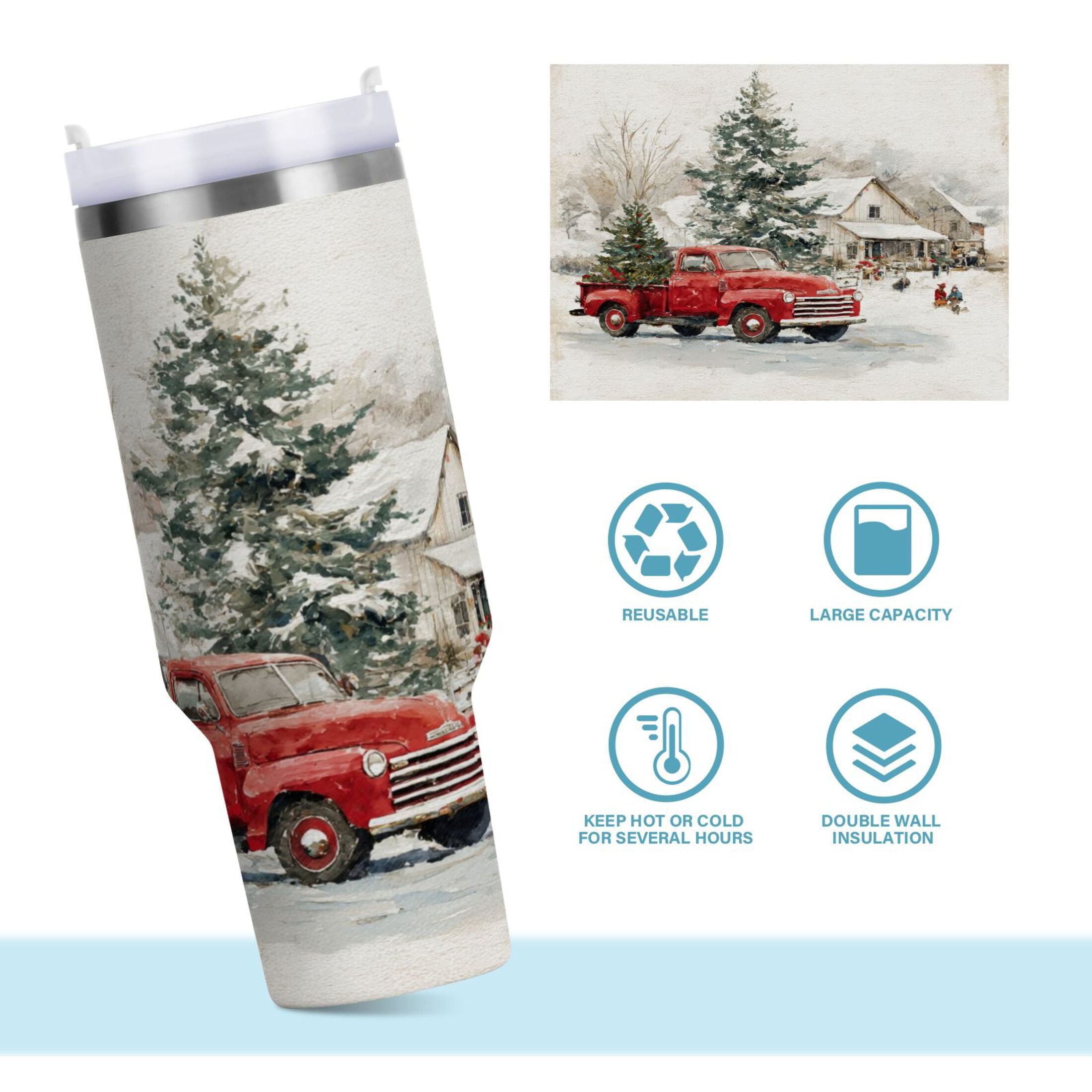 30 oz Insulated Stainless Steel Tumbler Double Wall Stainless Steel Tumbler with 2-Way Drinking Truck with Christmas Decorations
