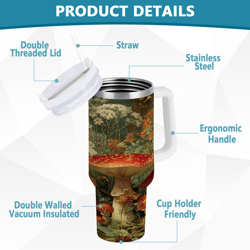 40 oz Insulated Stainless Steel Tumbler Double Wall Stainless Steel Tumbler with 2-Way Drinking Red Mushrooms