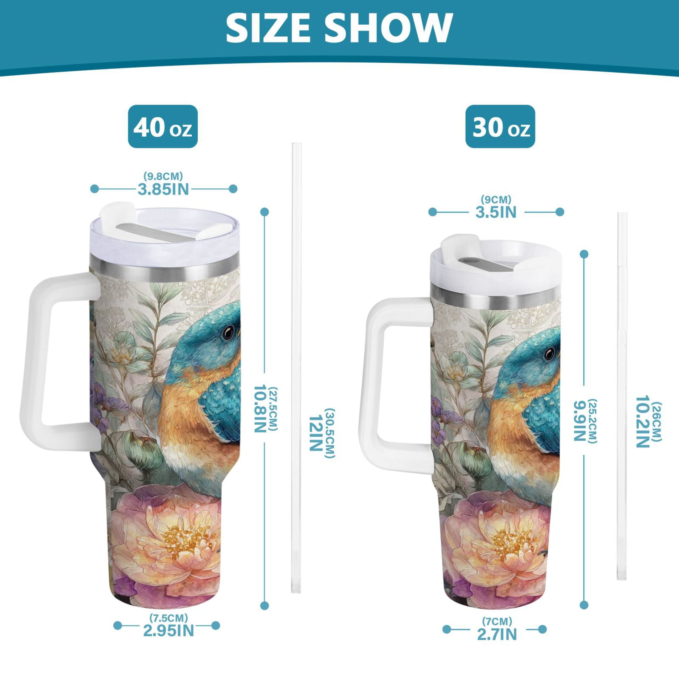 30 oz Insulated Stainless Steel Tumbler Double Wall Stainless Steel Tumbler with 2-Way Drinking Bluebird and Flower