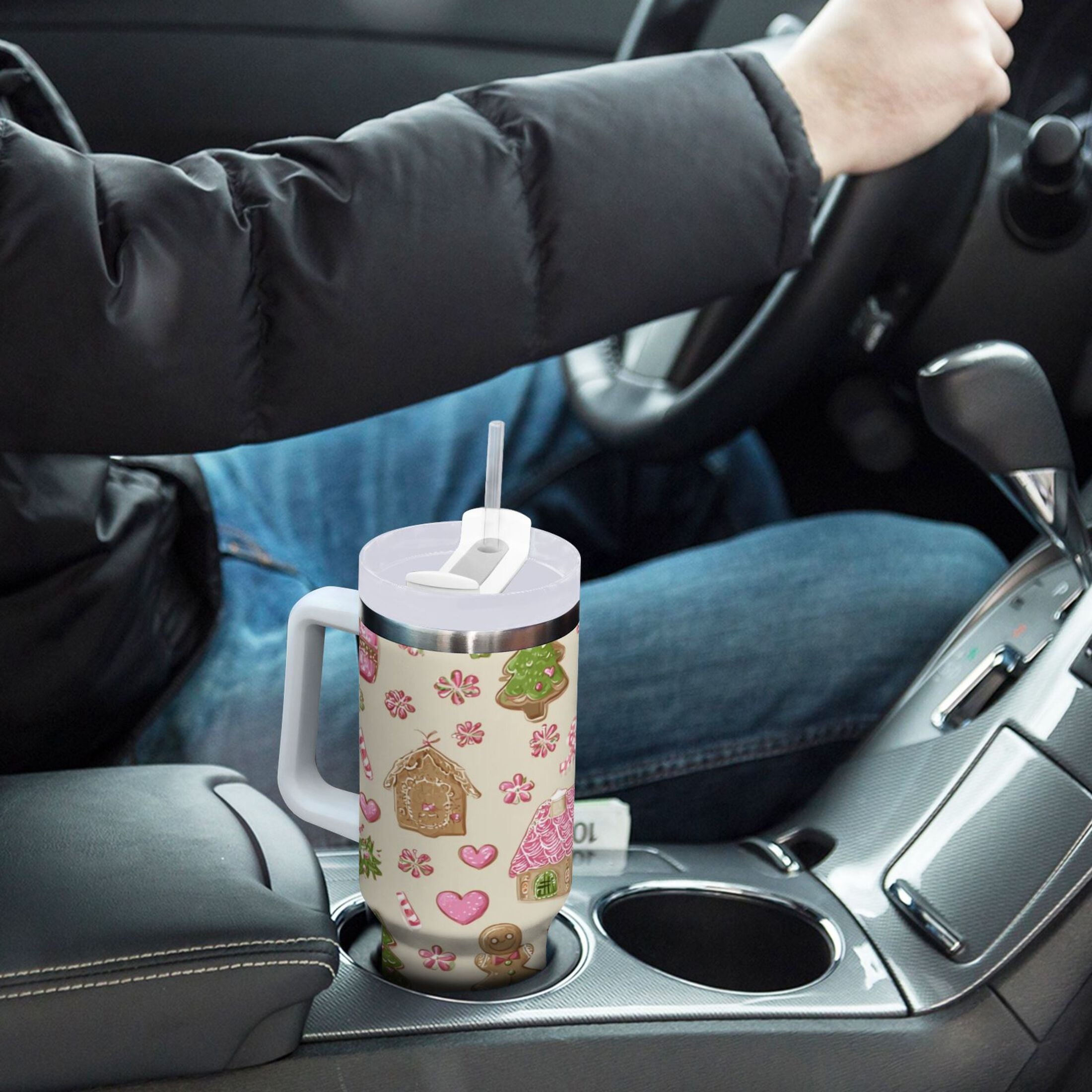 40 oz Insulated Stainless Steel Tumbler Double Wall Stainless Steel Tumbler with 2-Way Drinking Pink Cute Christmas Pattern