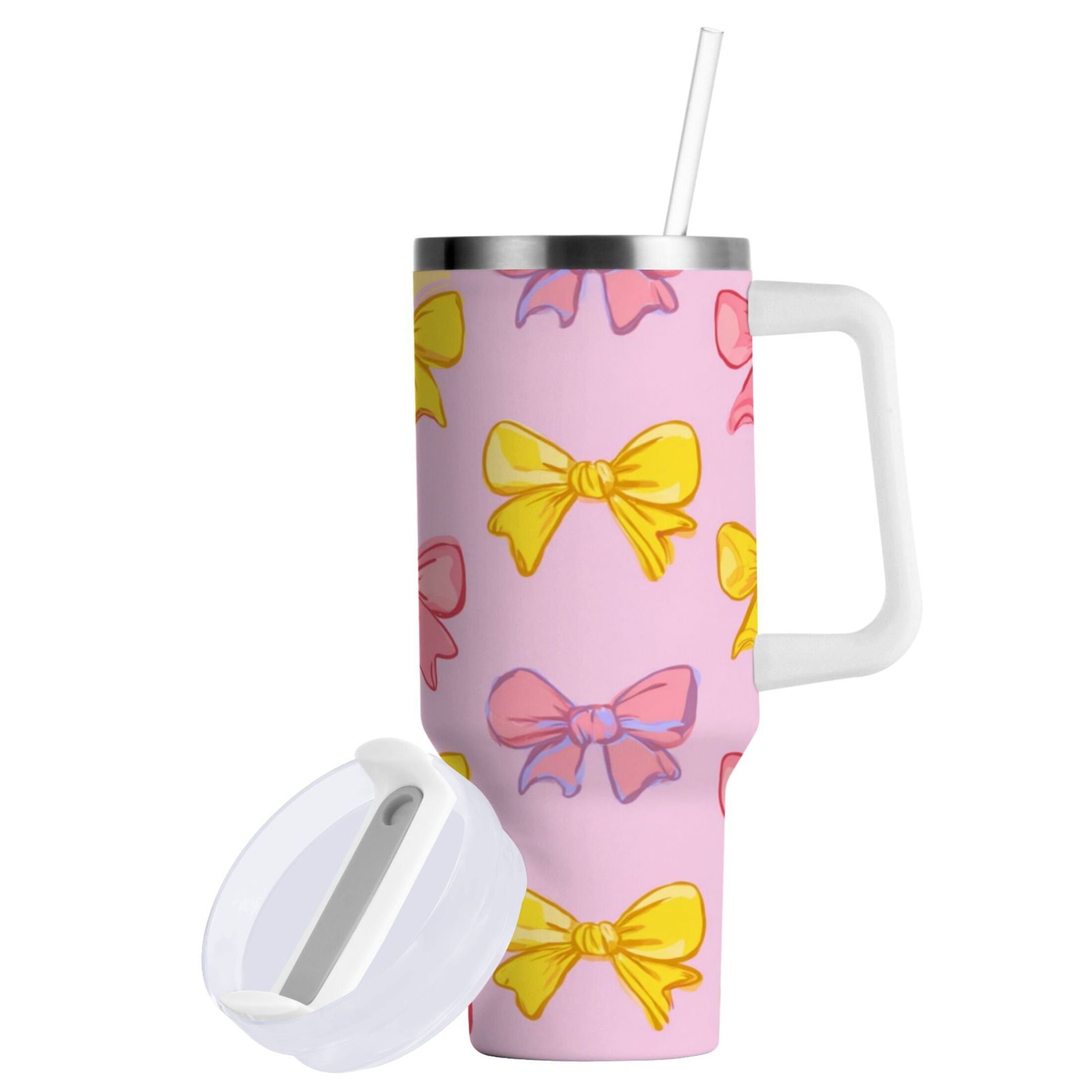 30 oz Insulated Stainless Steel Tumbler Double Wall Stainless Steel Tumbler with 2-Way Drinking Yellow and Pink Bows