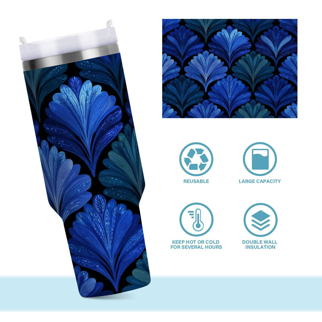 30 oz Insulated Stainless Steel Tumbler Double Wall Stainless Steel Tumbler with 2-Way Drinking Blue Batik Leaves Pattern
