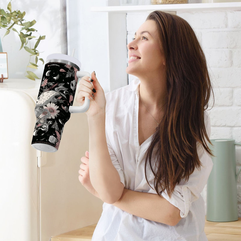 40 oz Insulated Stainless Steel Tumbler Double Wall Stainless Steel Tumbler with 2-Way Drinking Butterfly Surrounded by Flowers