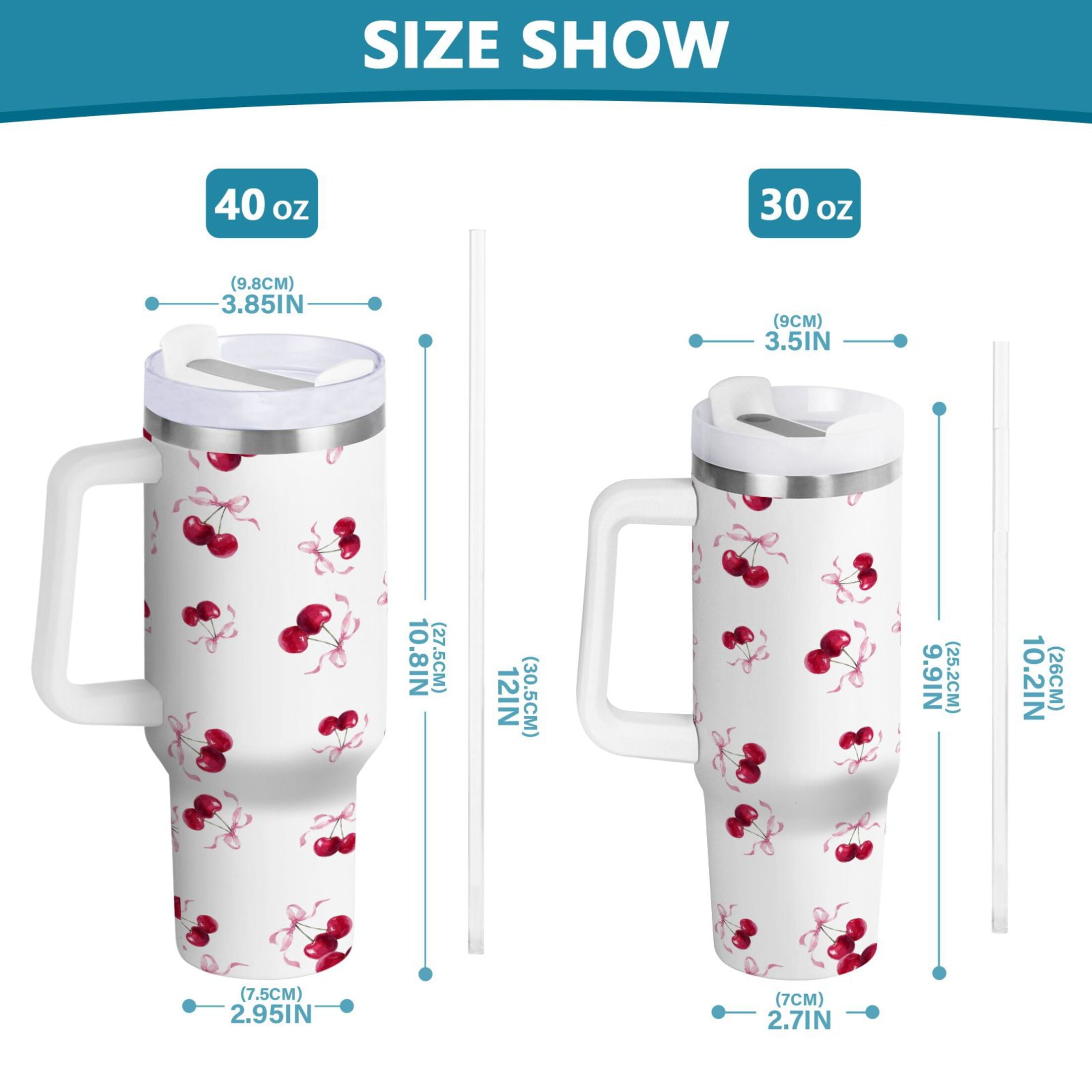 30 oz Insulated Stainless Steel Tumbler Double Wall Stainless Steel Tumbler with 2-Way Drinking Watercolor Cherries Pattern