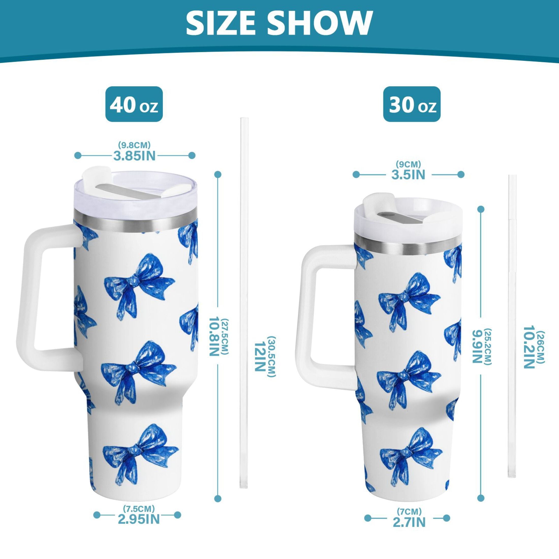 30 oz Insulated Stainless Steel Tumbler Double Wall Stainless Steel Tumbler with 2-Way Drinking Blue Bows Pattern