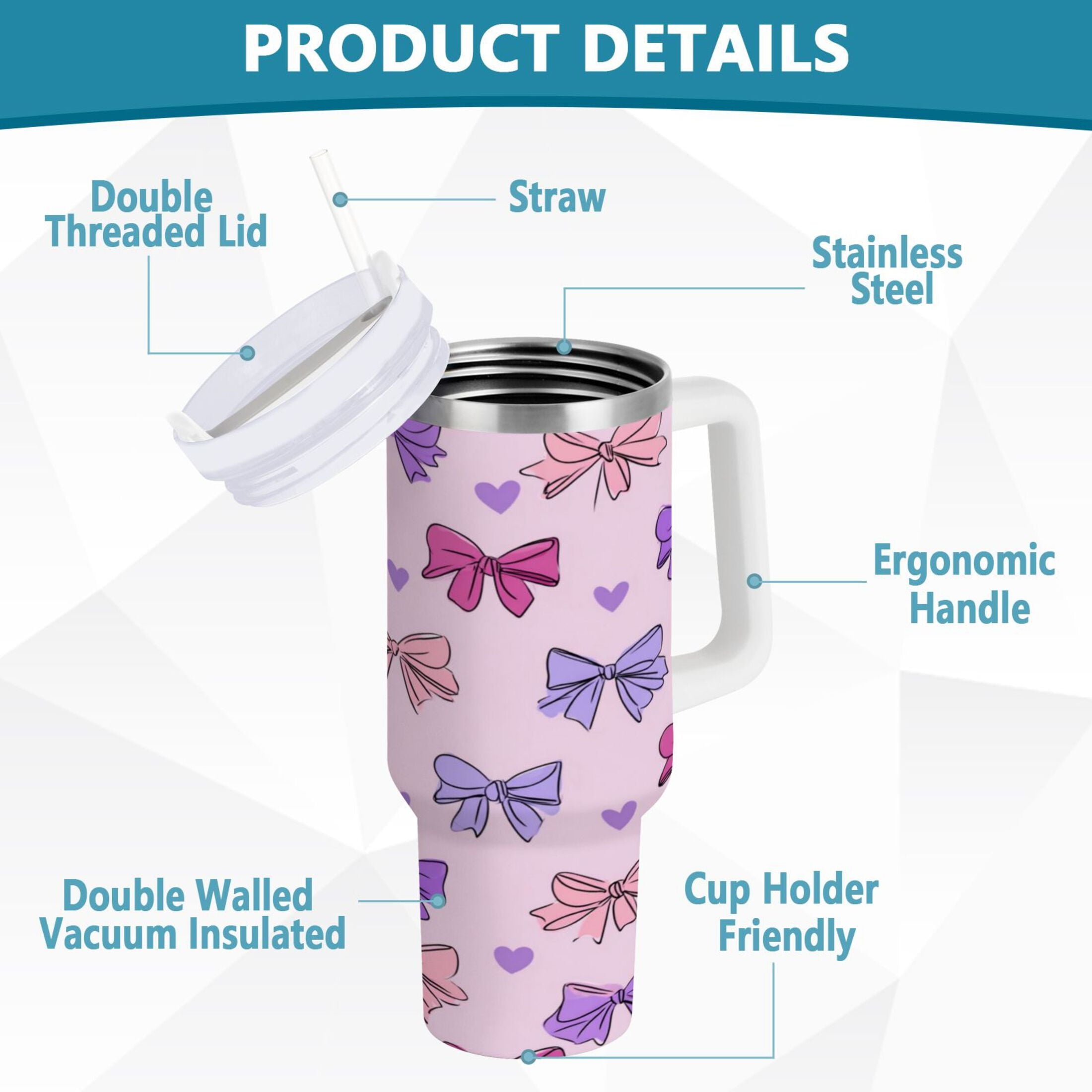 30 oz Insulated Stainless Steel Tumbler Double Wall Stainless Steel Tumbler with 2-Way Drinking Bows and Heart Pattern
