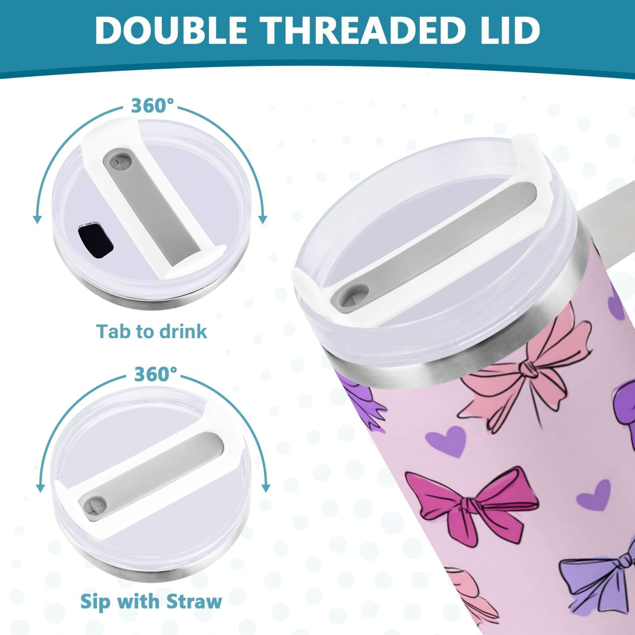 30 oz Insulated Stainless Steel Tumbler Double Wall Stainless Steel Tumbler with 2-Way Drinking Bows and Heart Pattern