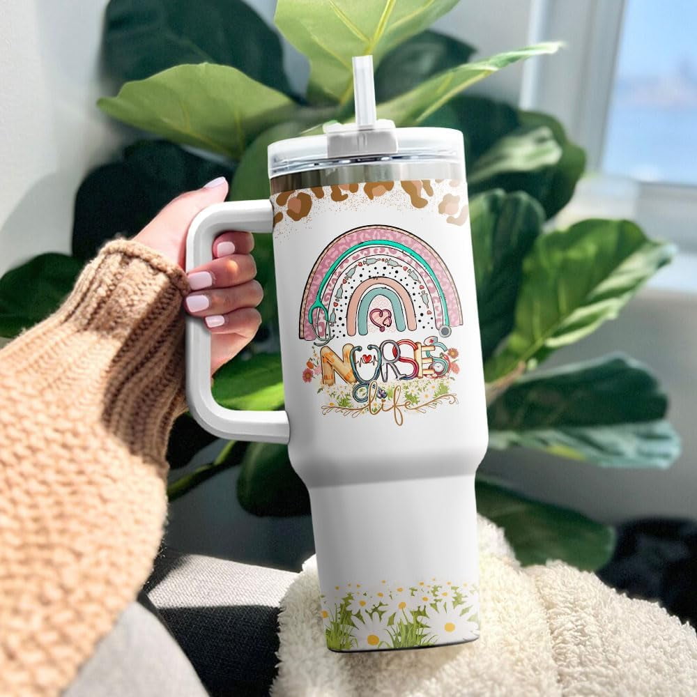 Tumbler 40 Oz With Handle Lid And Straw, Nurse Gifts, Black Camo White Engraved Print Travel Nurses Tumblers Handle Funny Cups Nursing For, Great Nurse Rainbow Daisy Flower