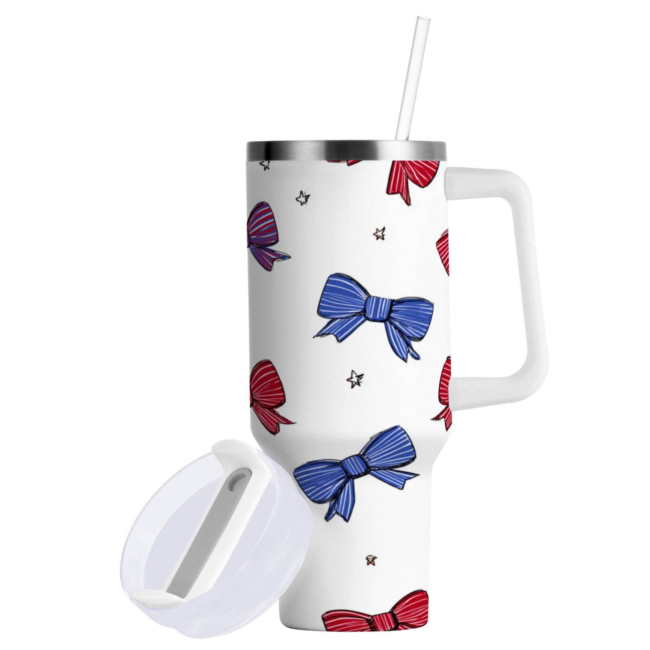 30 oz Insulated Stainless Steel Tumbler Double Wall Stainless Steel Tumbler with 2-Way Drinking Red and Blue Stripe Bows