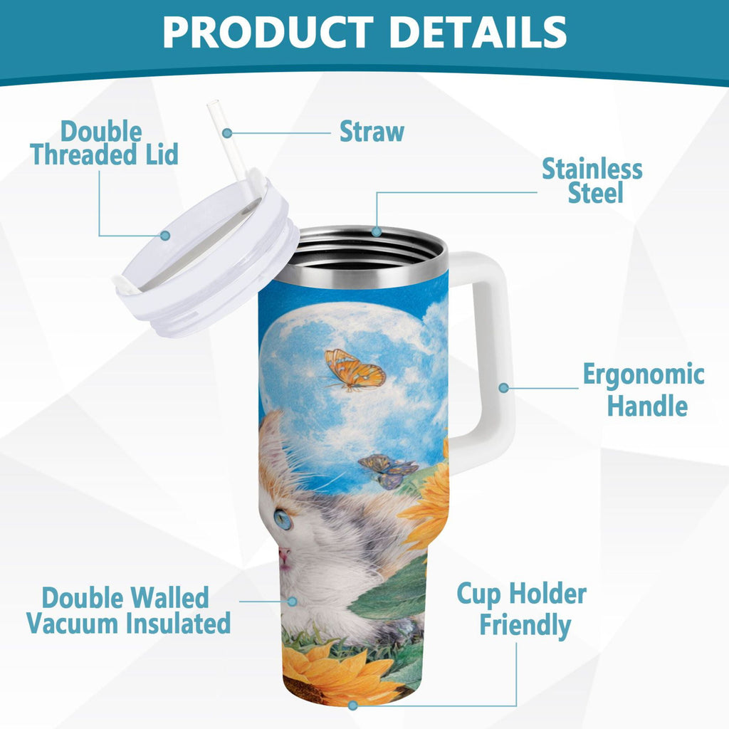 40 oz Insulated Stainless Steel Tumbler Double Wall Stainless Steel Tumbler with 2-Way Drinking Playful Cat Lying Sunflowers