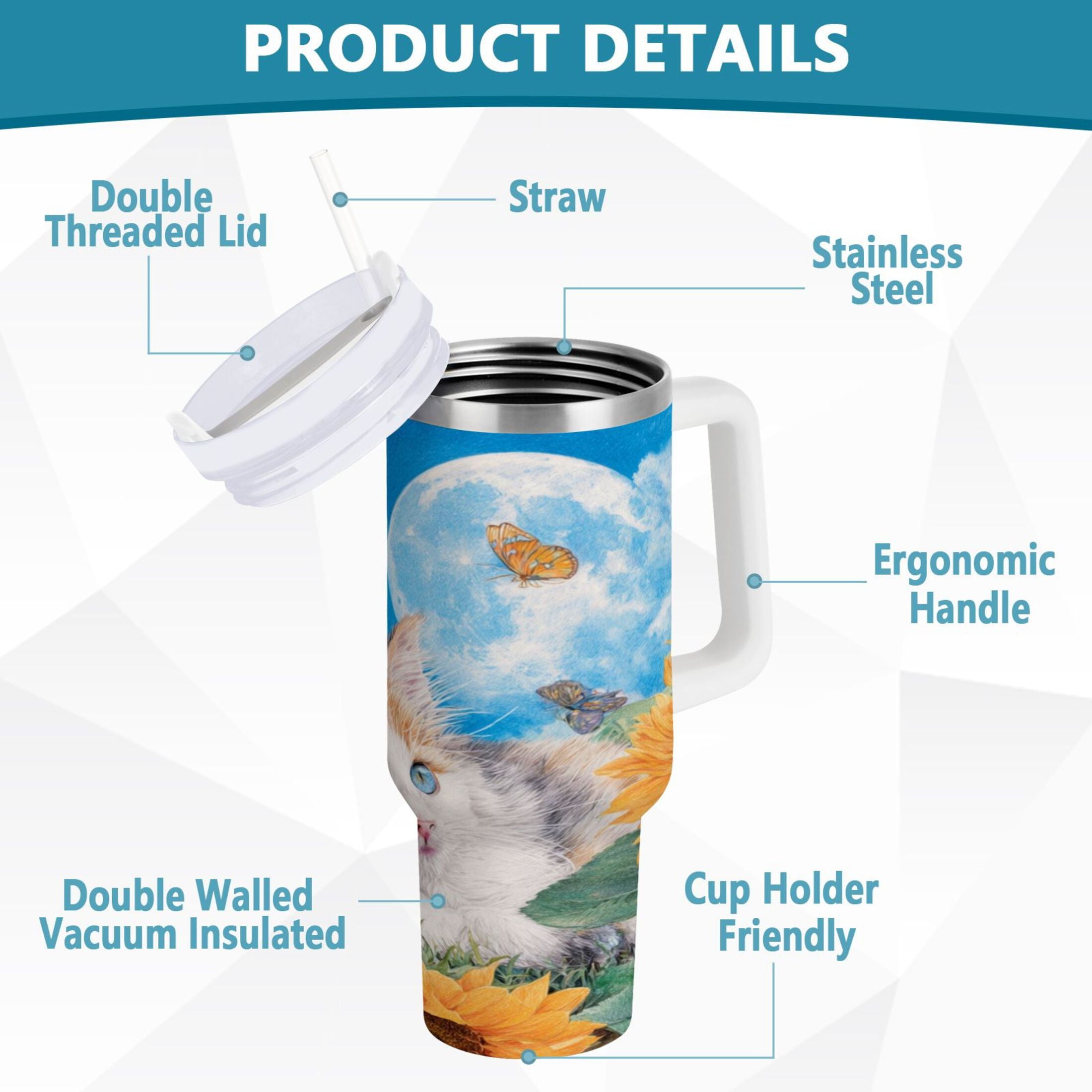 40 oz Insulated Stainless Steel Tumbler Double Wall Stainless Steel Tumbler with 2-Way Drinking Playful Cat Lying Sunflowers