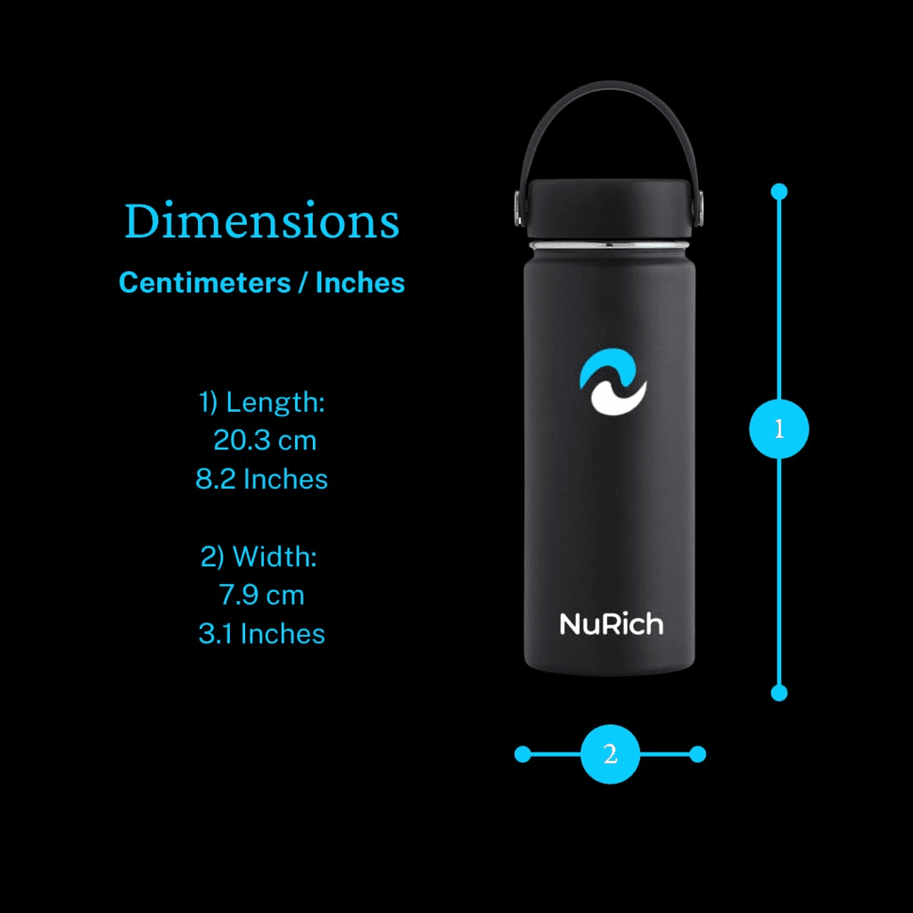 NuRich Sports Water Bottle - 18 Oz, Vacuum Insulated Stainless Steel, Modern Double Walled, Simple Thermo Modern Mug, Hydro Metal Canteen Flask Wide Mouth with Sweat Proof Design for Cold &amp; Hot Temp