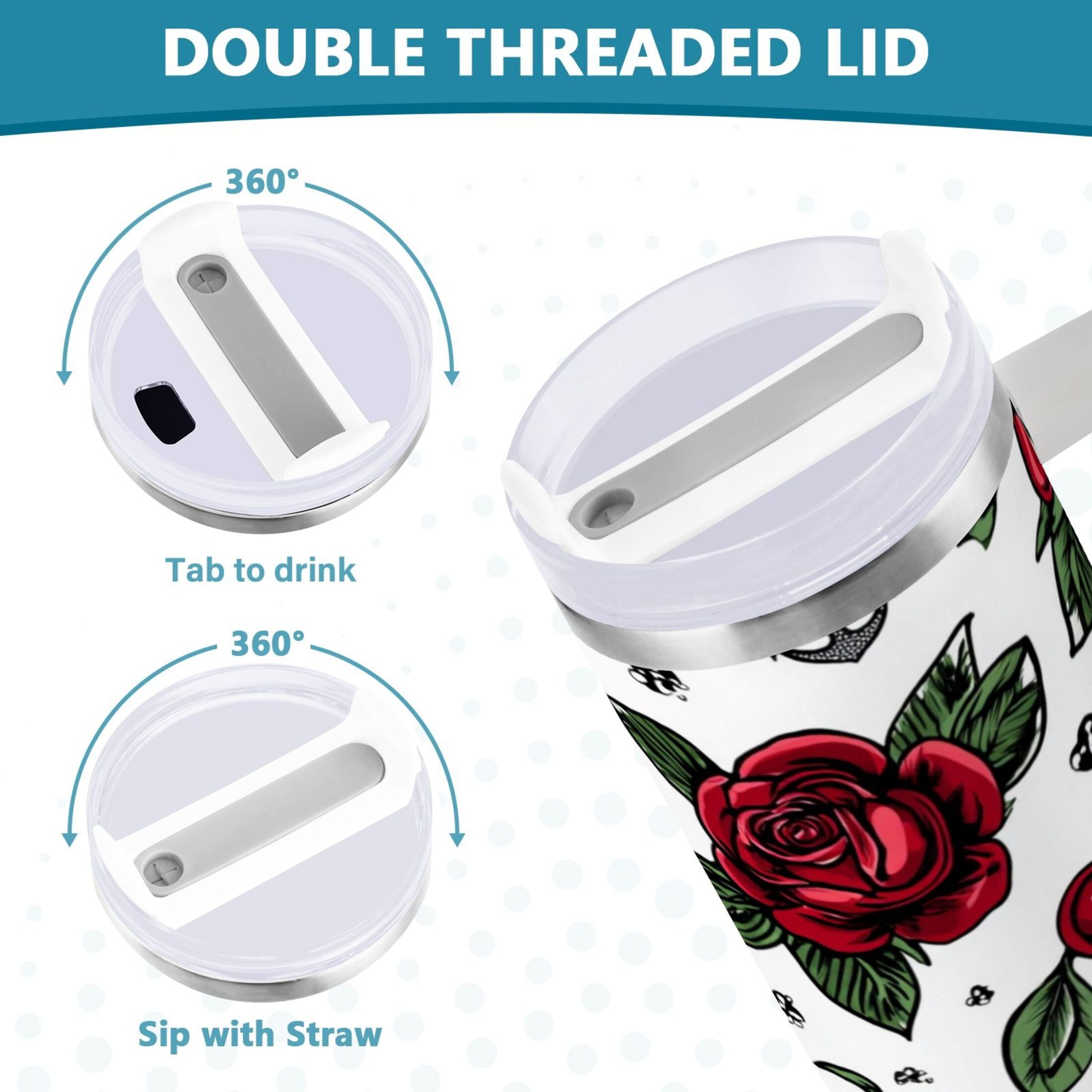 40 oz Insulated Stainless Steel Tumbler Double Wall Stainless Steel Tumbler with 2-Way Drinking Red Roses and Cherries