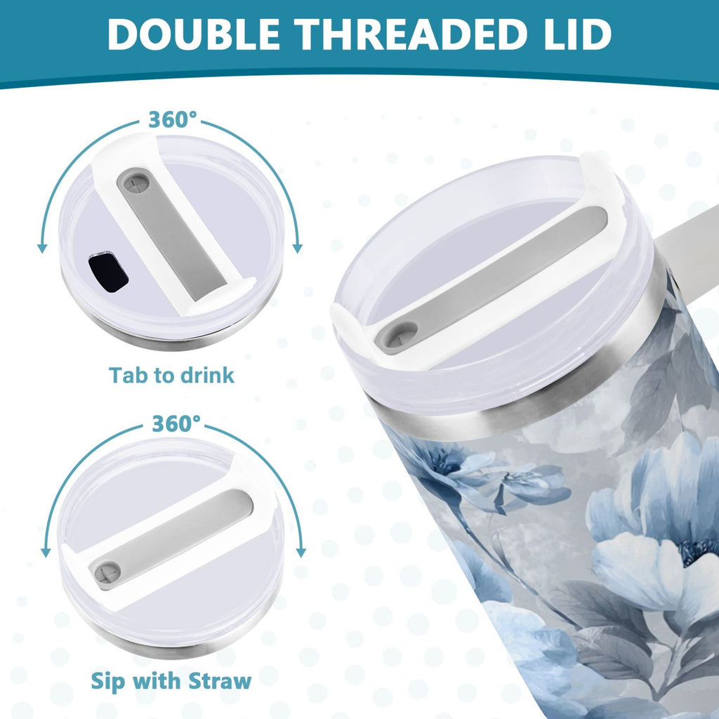 40 oz Insulated Stainless Steel Tumbler Double Wall Stainless Steel Tumbler with 2-Way Drinking White Floral Pattern