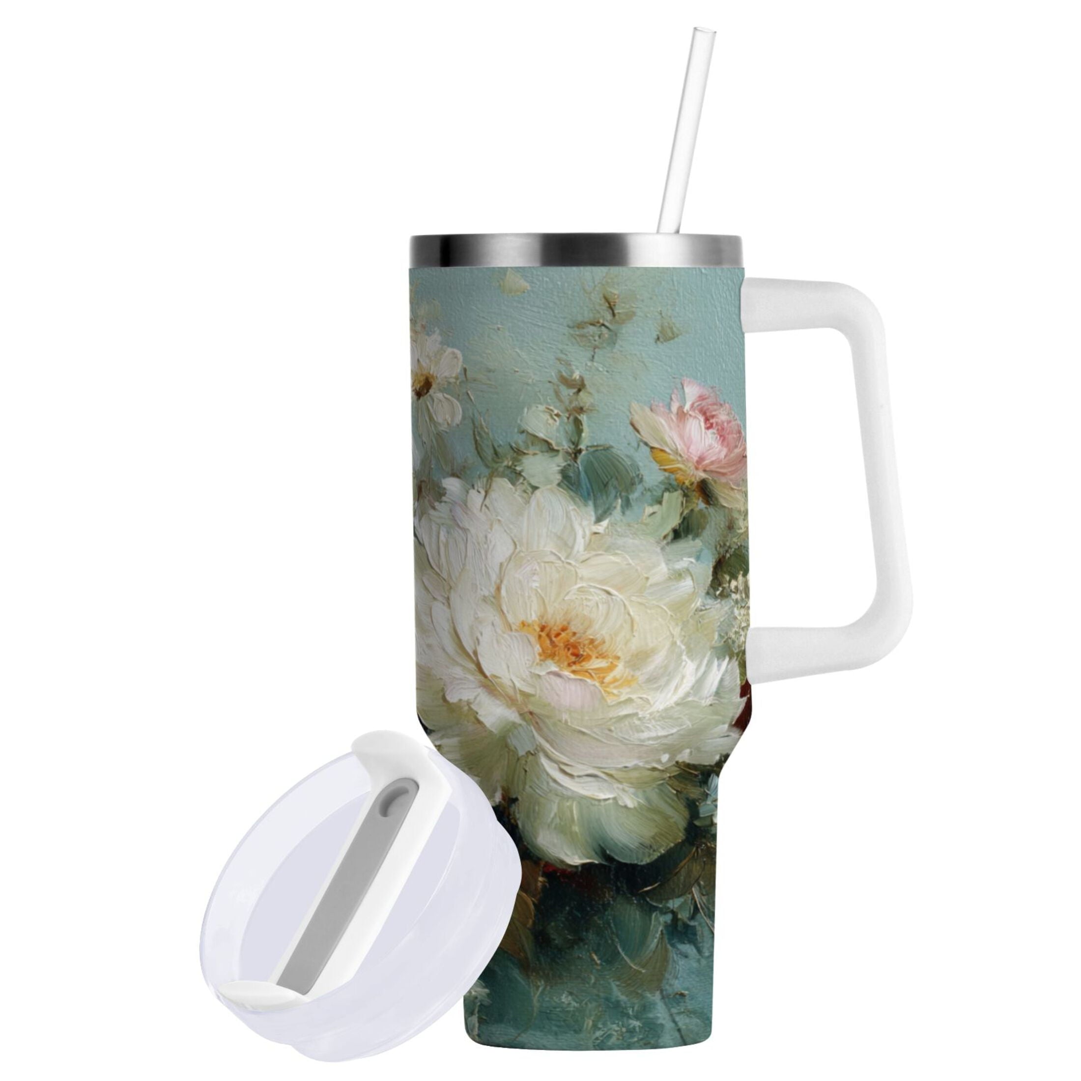 40 oz Insulated Stainless Steel Tumbler Double Wall Stainless Steel Tumbler with 2-Way Drinking Vintage Peonies and Daisies